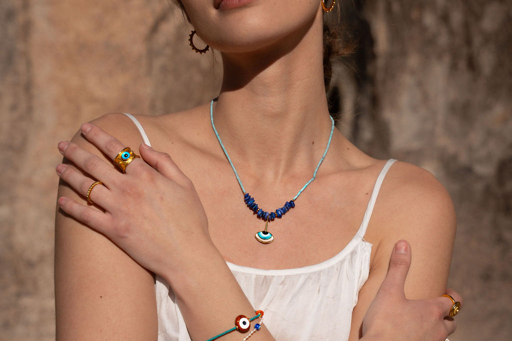 Adira Blue Porcelain Evil Eye Beaded Necklace | Sustainable Jewellery by Ottoman Hands