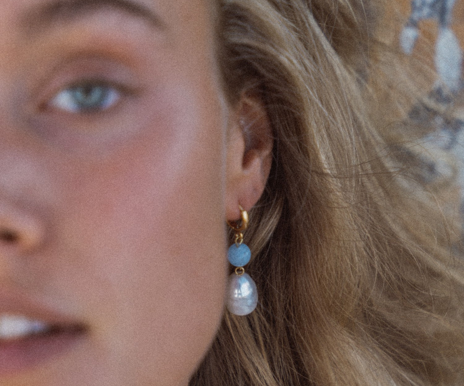 Dawn Blue Chalcedony and Pearl Drop Huggie Earrings | Sustainable Jewellery by Ottoman Hands