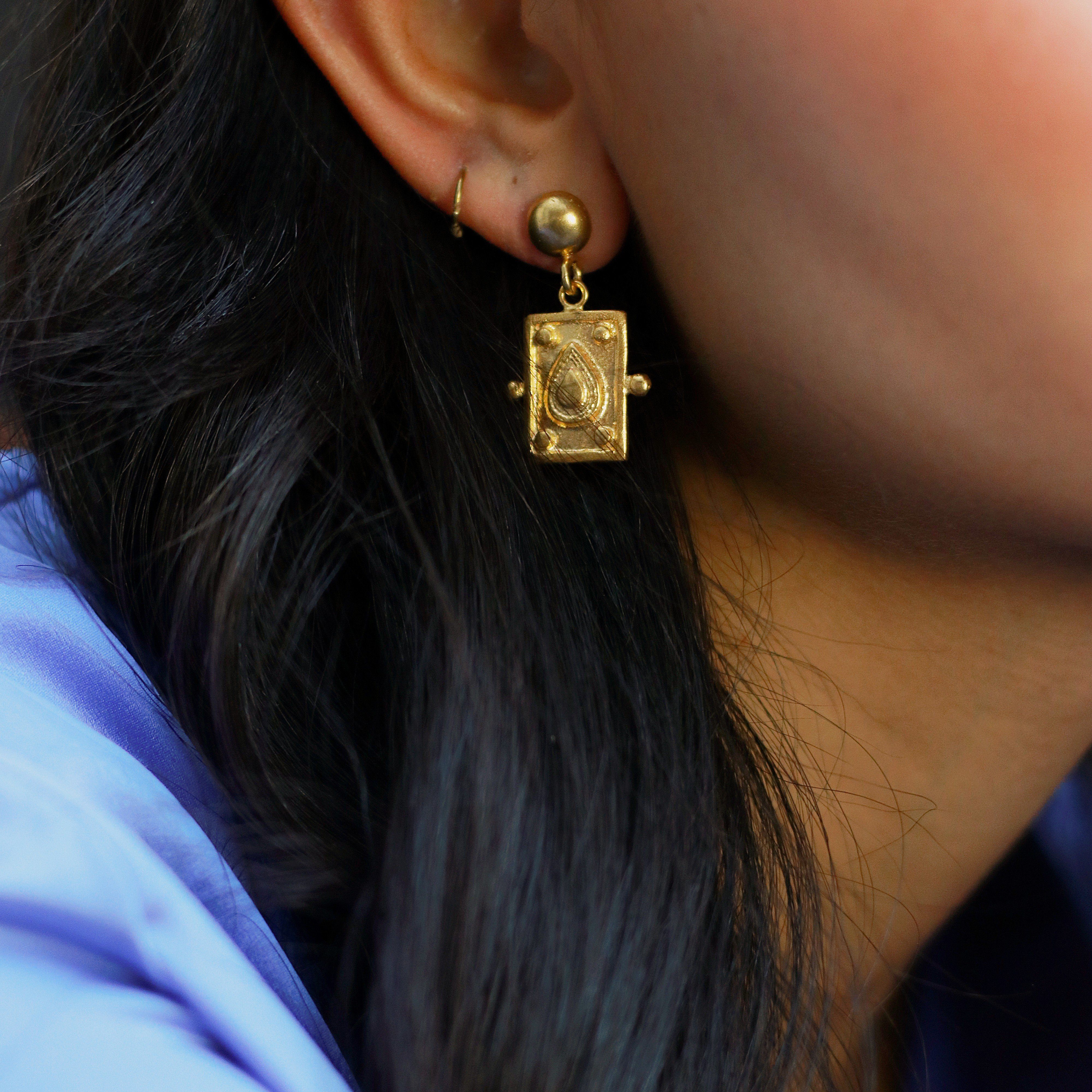 Tyche Engraved Gold Drop Stud Earrings | Sustainable Jewellery by Ottoman Hands