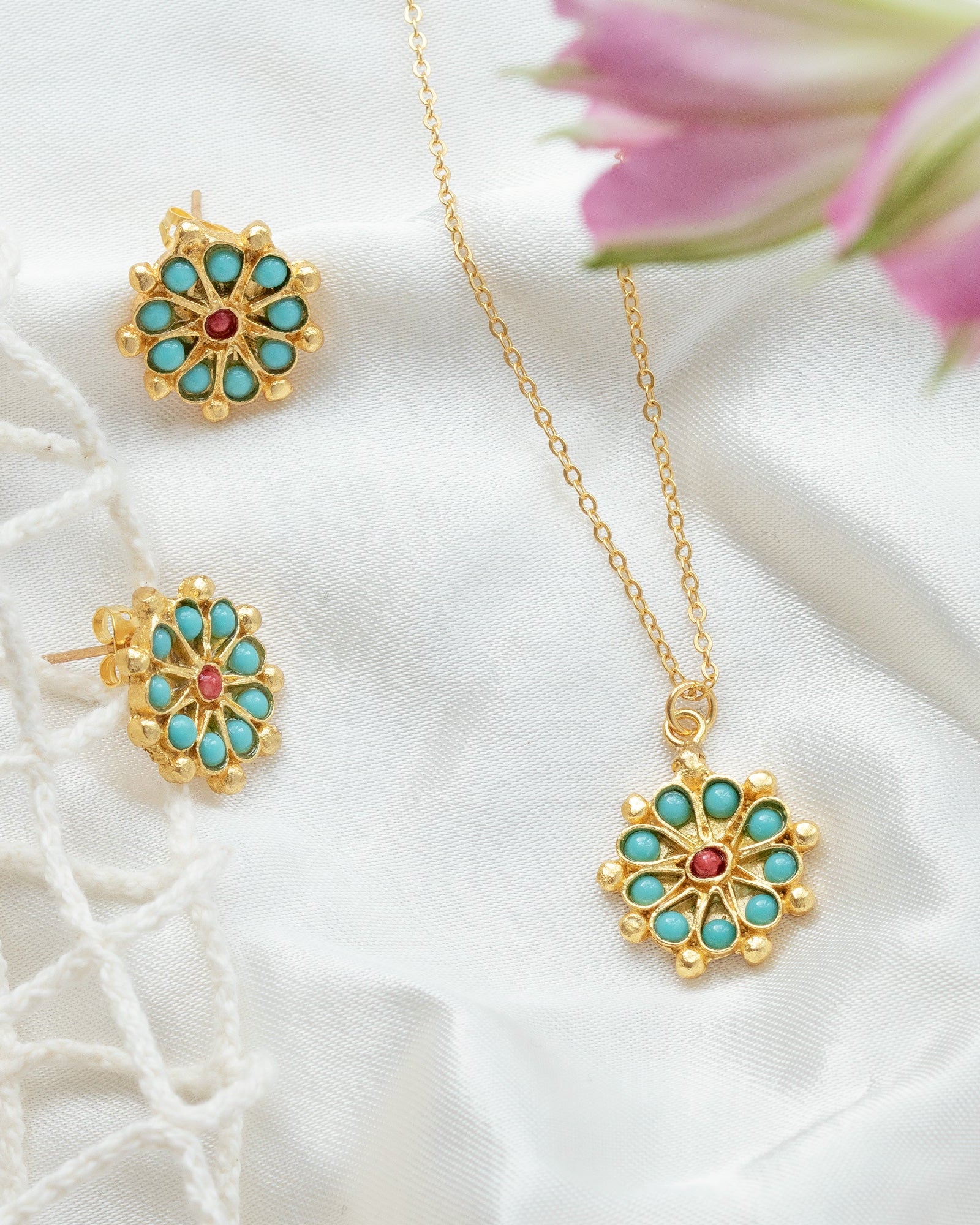 Marigold Turquoise and Red Agate Beaded Stud Earrings | Sustainable Jewellery by Ottoman Hands