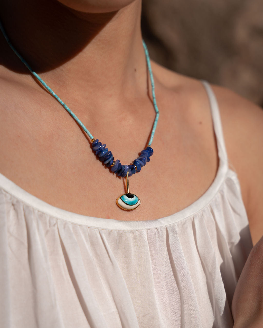 Adira Blue Porcelain Evil Eye Beaded Necklace | Sustainable Jewellery by Ottoman Hands