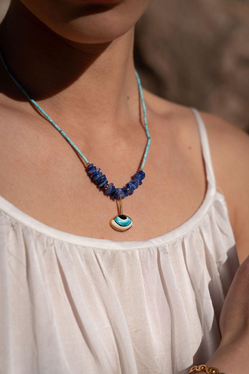Adira Blue Porcelain Evil Eye Beaded Necklace | Sustainable Jewellery by Ottoman Hands