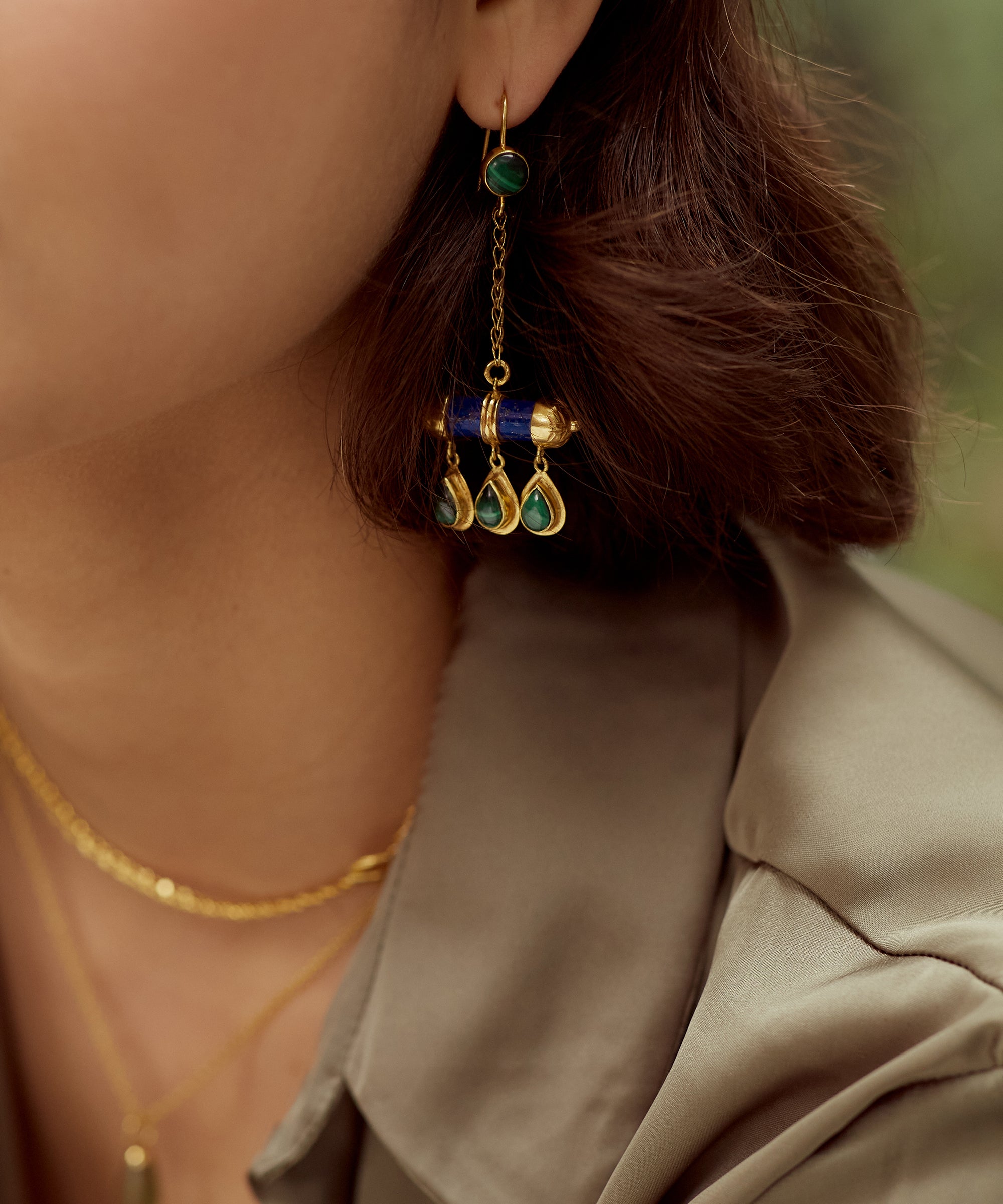 Noor Lapis and Malachite Drop Chain Earrings | Sustainable Jewellery by Ottoman Hands