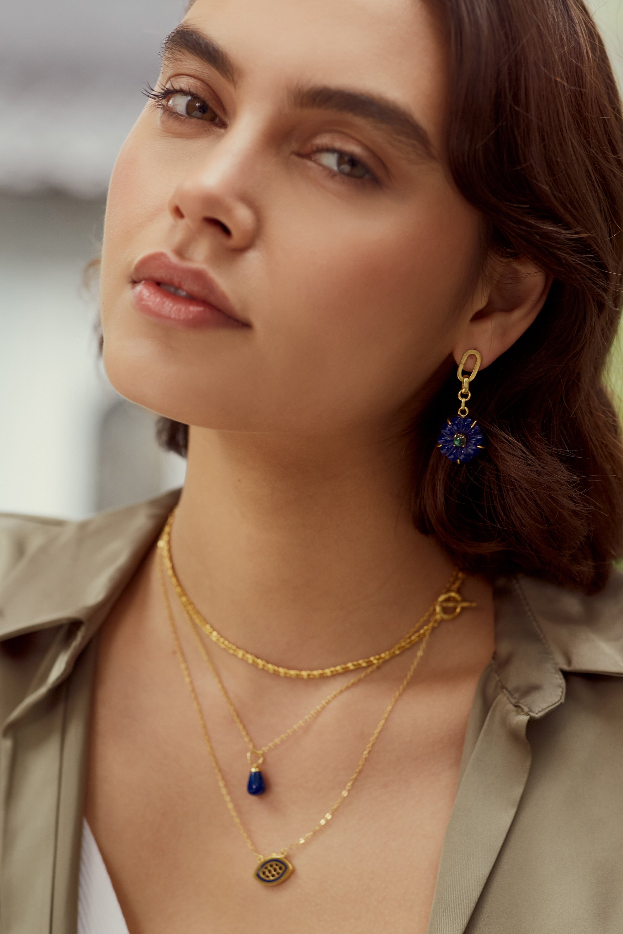 Soraya Lapis and Malachite Flower Drop Chain Earrings | Sustainable Jewellery by Ottoman Hands