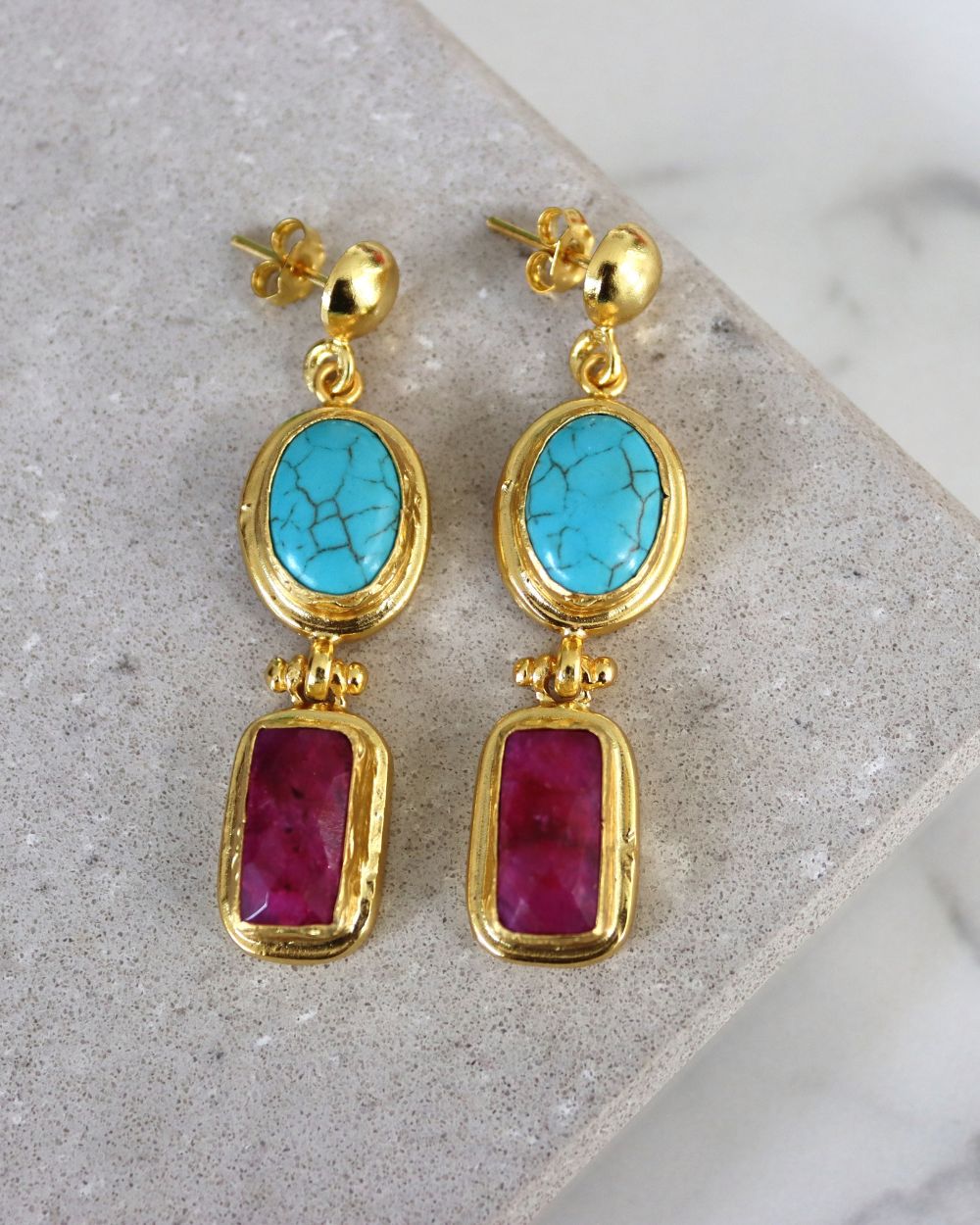 Turquoise and Ruby Drop Earrings | Sustainable Jewellery by Ottoman Hands