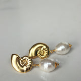 Nautilus Seashell Pearl Drop Stud Earrings