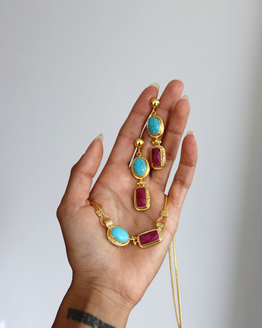 Turquoise and Ruby Drop Earrings | Sustainable Jewellery by Ottoman Hands