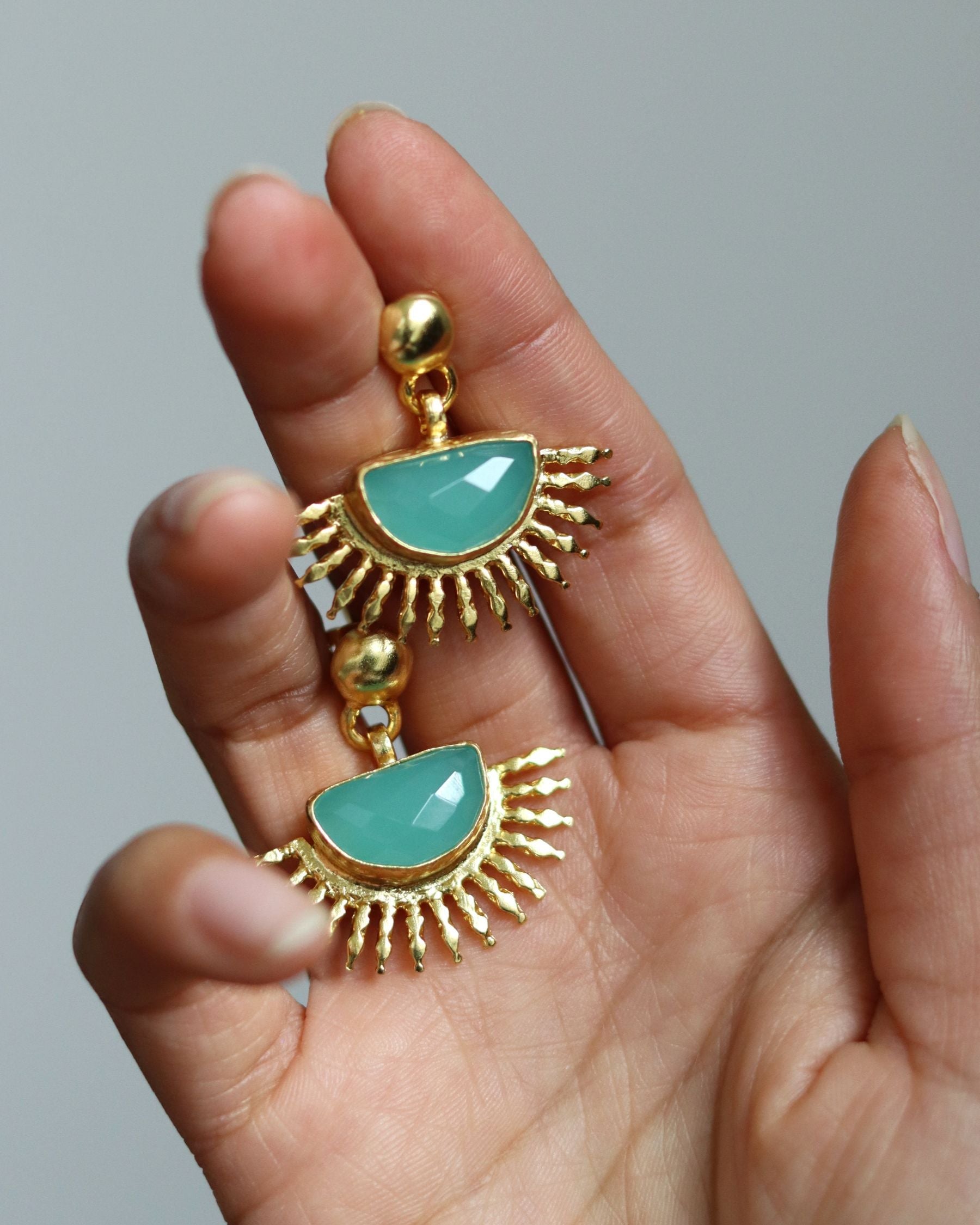 Sunrise Aqua Chalcedony Drop Stud Earrings | Sustainable Jewellery by Ottoman Hands