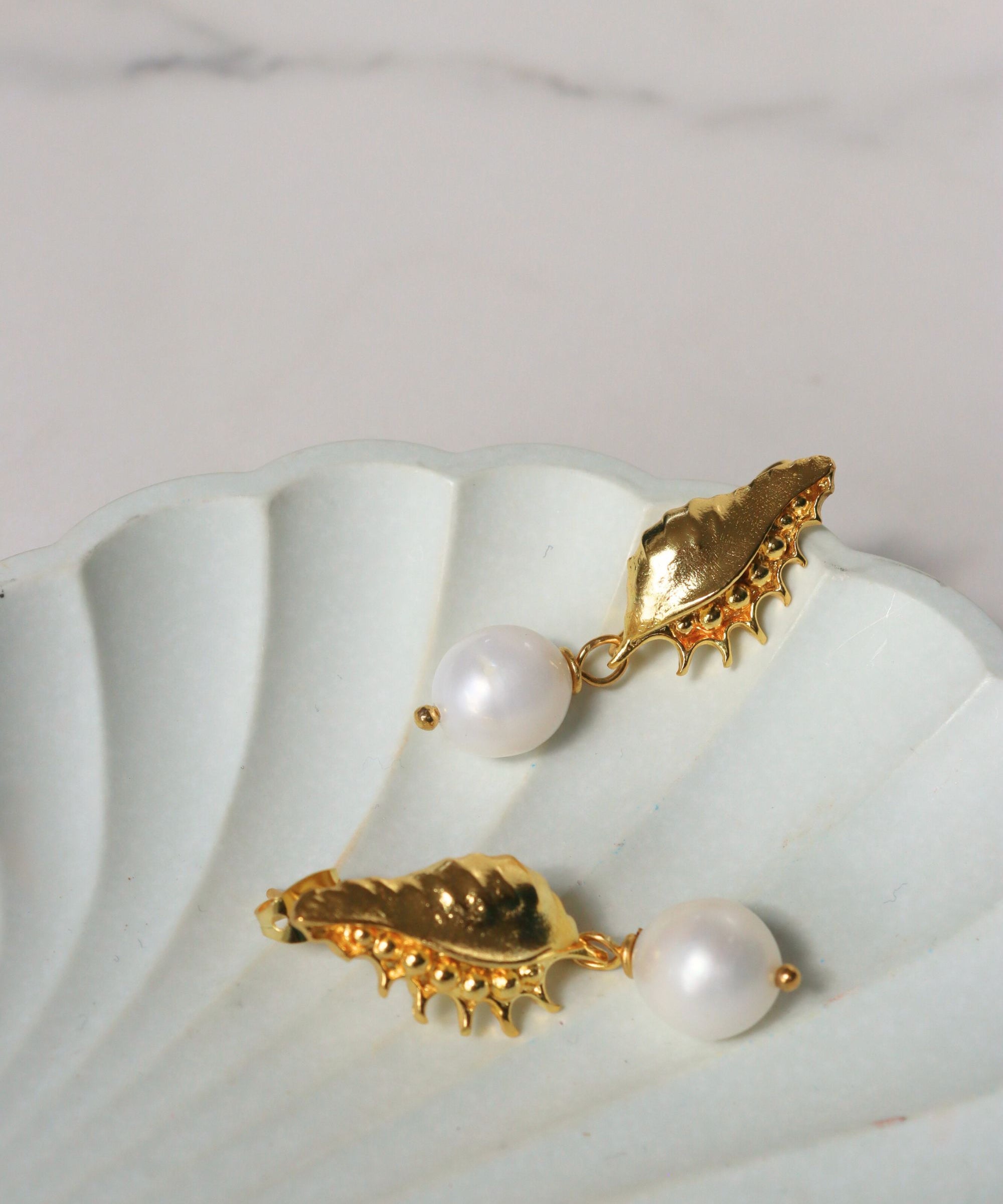 Kai Seashell Pearl Drop Stud Earrings | Sustainable Jewellery by Ottoman Hands