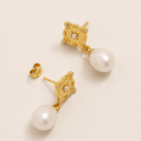 Pearl and White Topaz Shield Drop Earrings