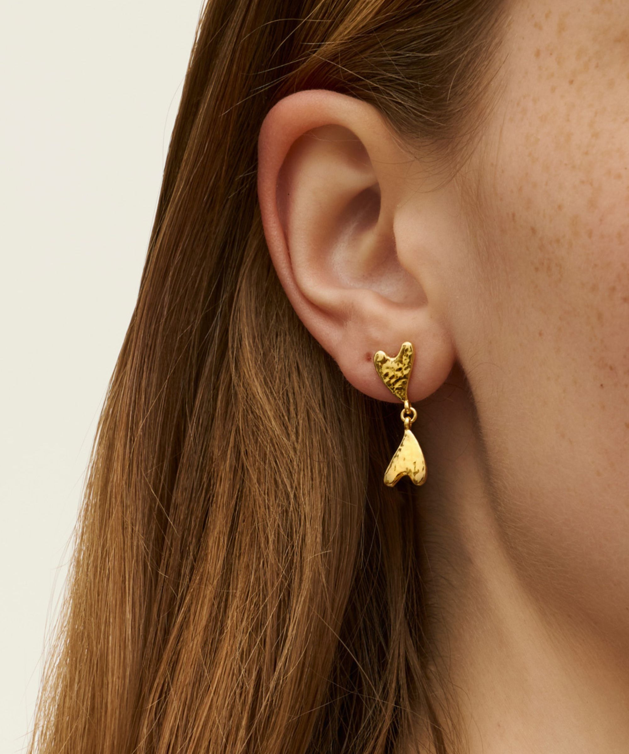 Curved Double Heart Drop Stud Earrings - Gold | Ottoman Hands