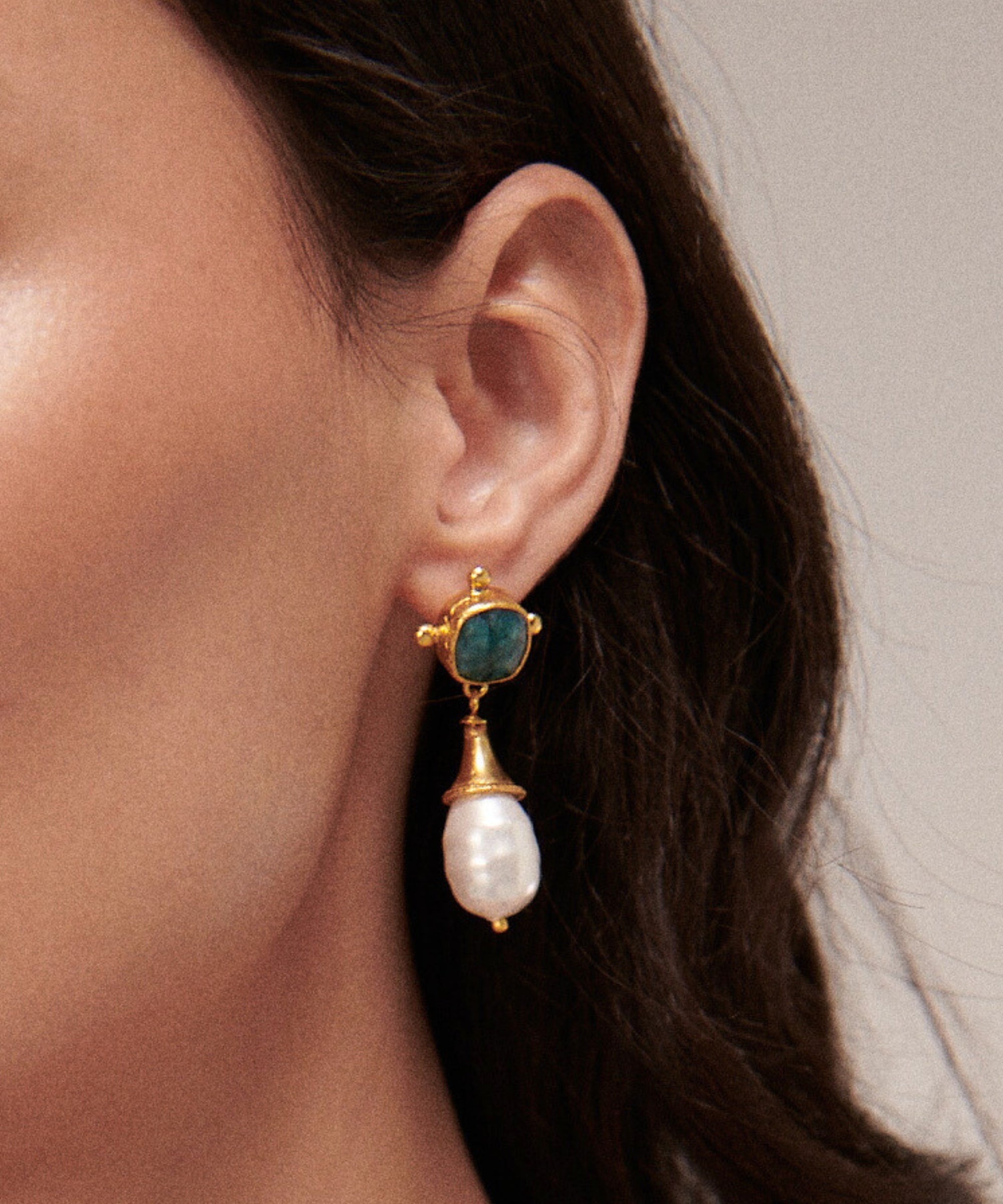 Esmeray Emerald and Pearl Drop Stud Earrings