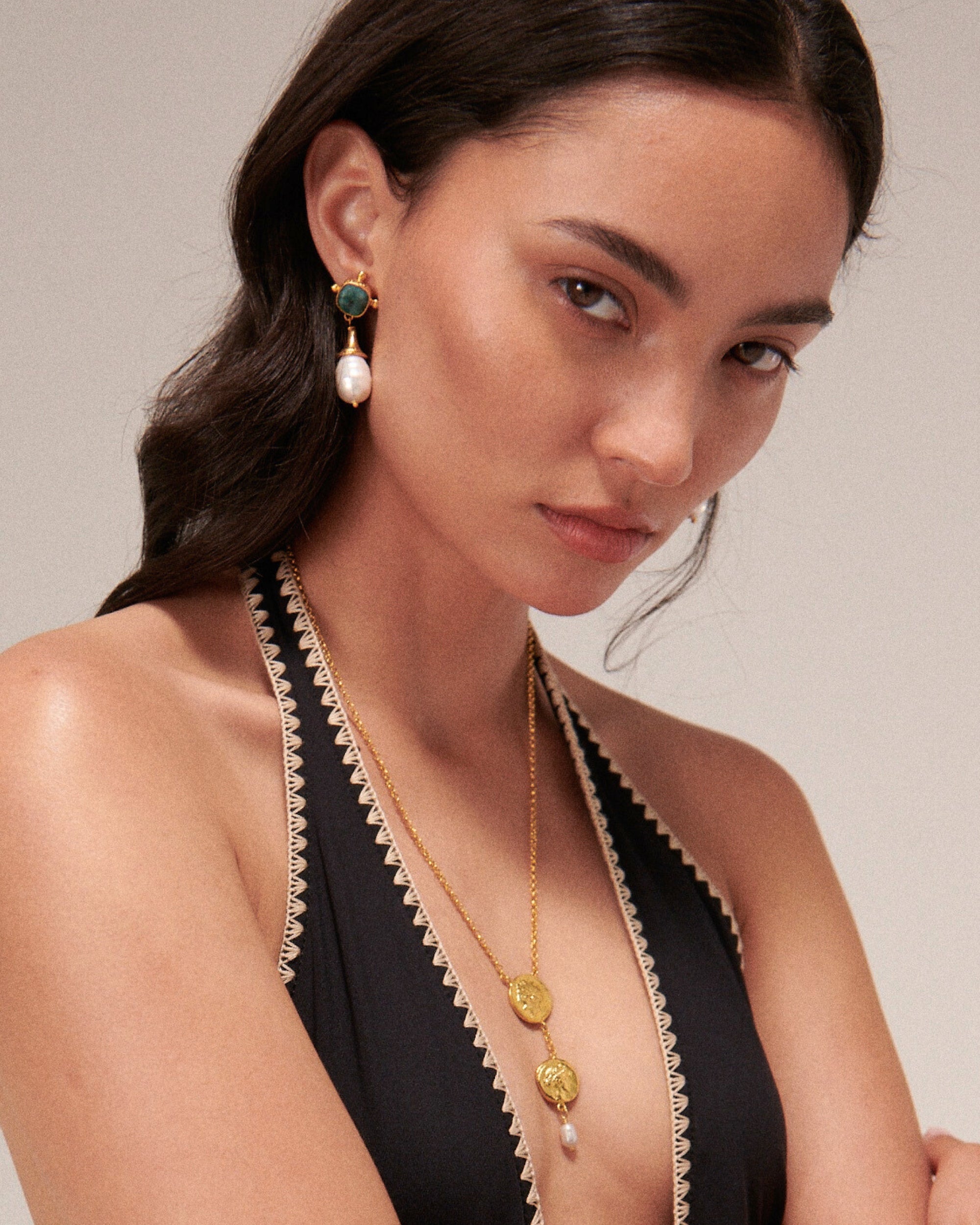 Esmeray Emerald and Pearl Drop Stud Earrings | Sustainable Jewellery by Ottoman Hands
