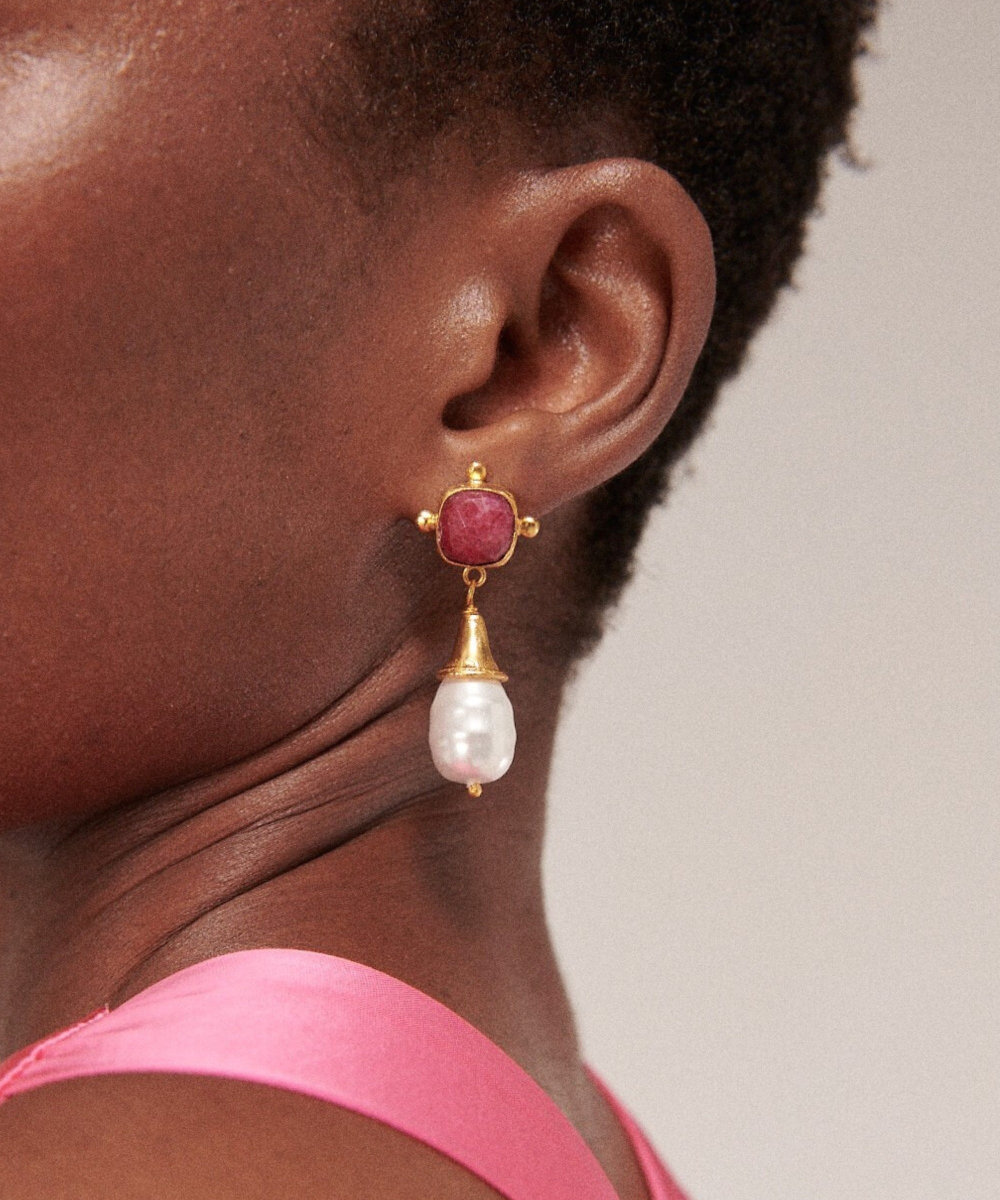 Esmeray Ruby and Pearl Drop Stud Earrings | Sustainable Jewellery by Ottoman Hands