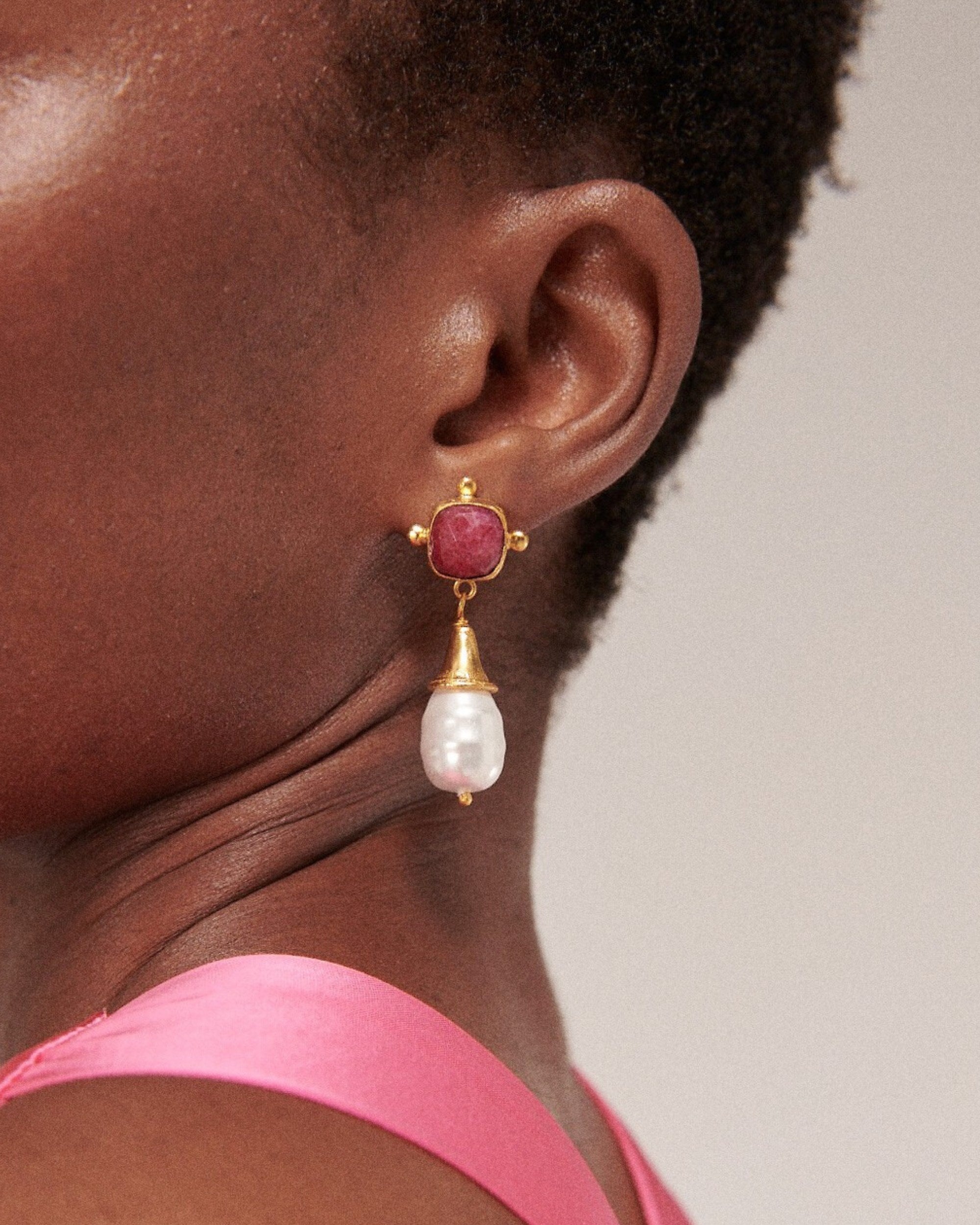 Esmeray Ruby and Pearl Drop Stud Earrings | Sustainable Jewellery by Ottoman Hands