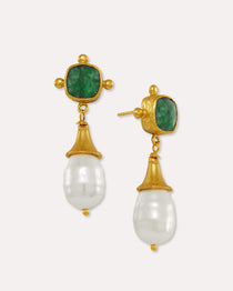 Esmeray Emerald and Pearl Drop Stud Earrings | Sustainable Jewellery by Ottoman Hands