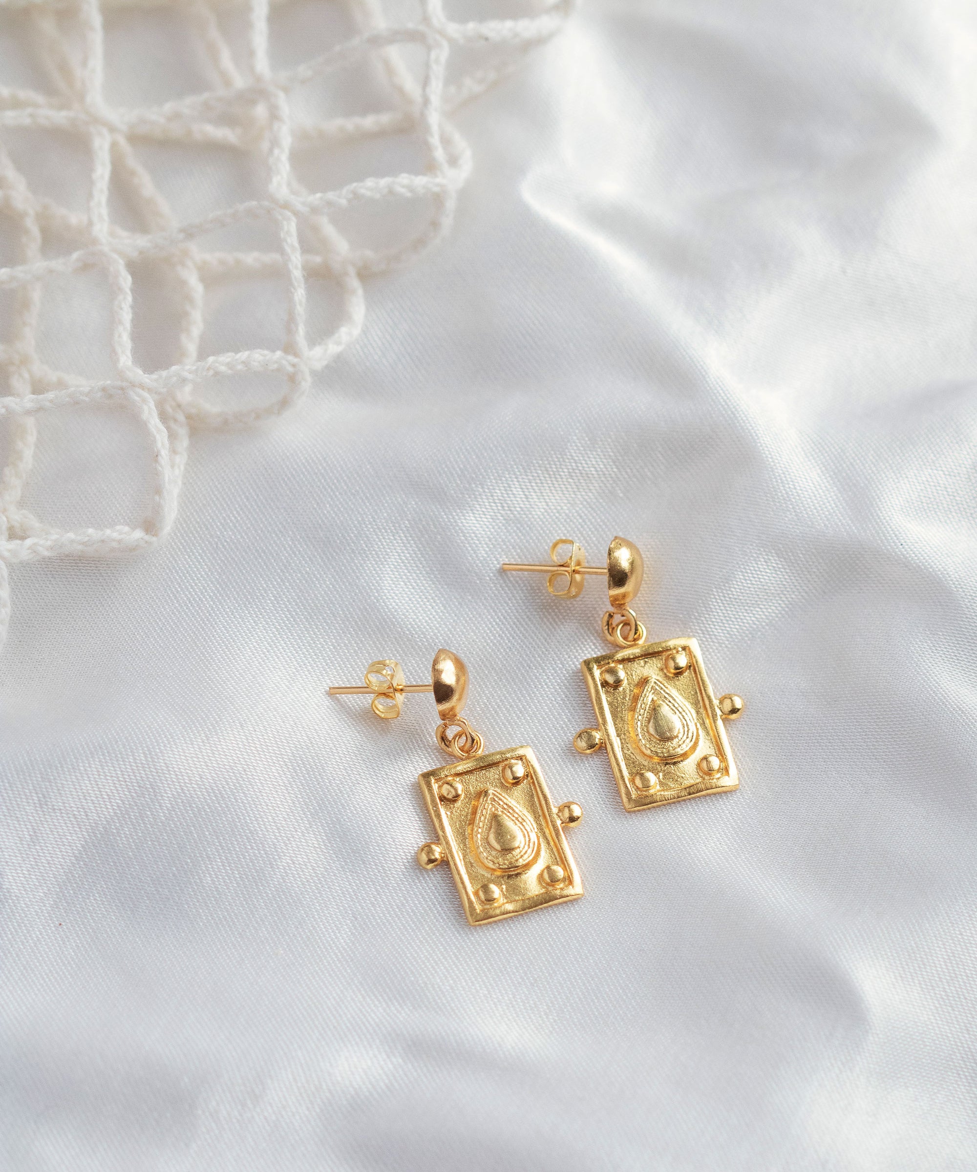 Tyche Engraved Gold Drop Stud Earrings | Sustainable Jewellery by Ottoman Hands
