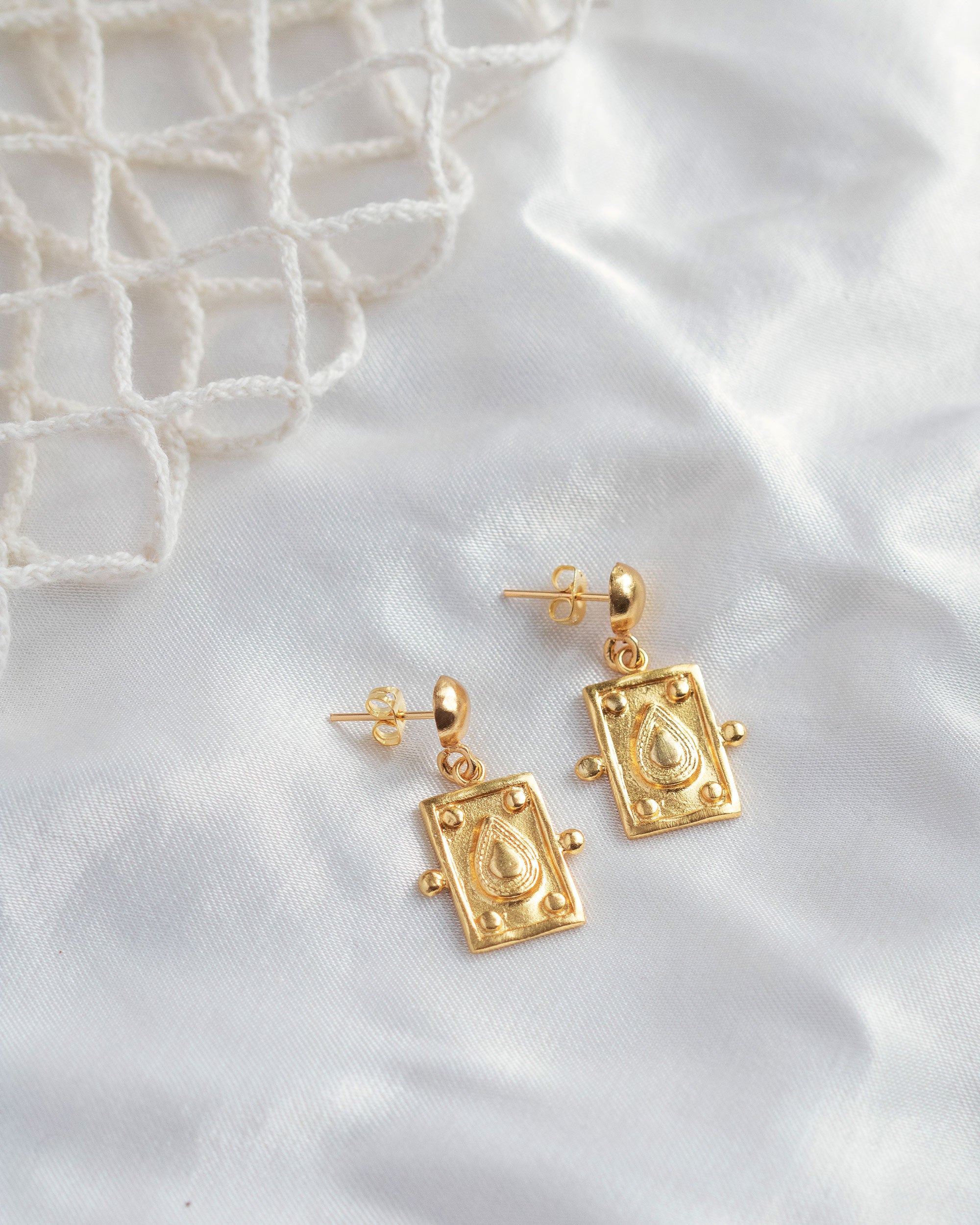 Tyche Engraved Gold Drop Stud Earrings | Sustainable Jewellery by Ottoman Hands