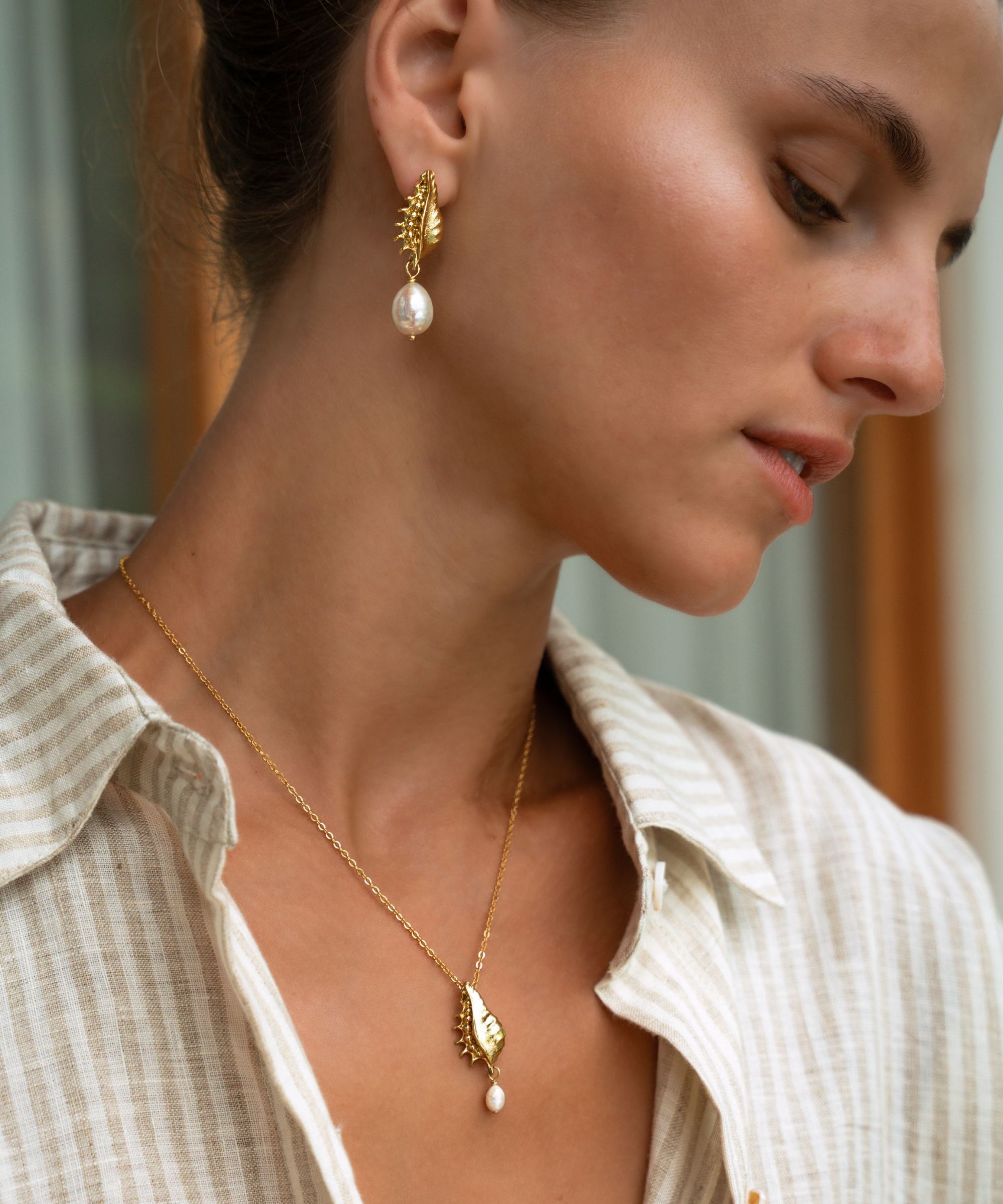 Kai Seashell Pearl Drop Stud Earrings | Sustainable Jewellery by Ottoman Hands