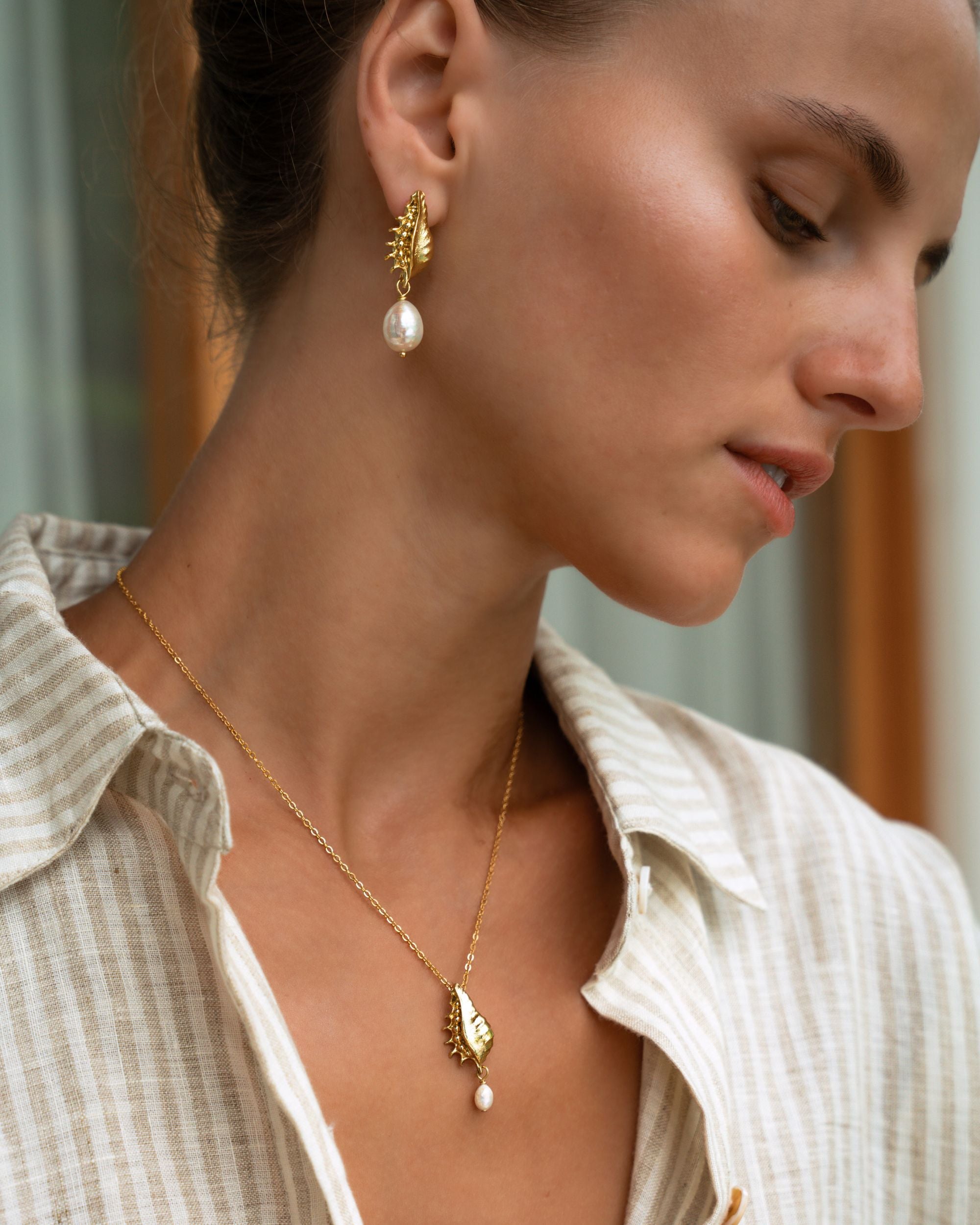 Kai Seashell Pearl Drop Stud Earrings | Sustainable Jewellery by Ottoman Hands