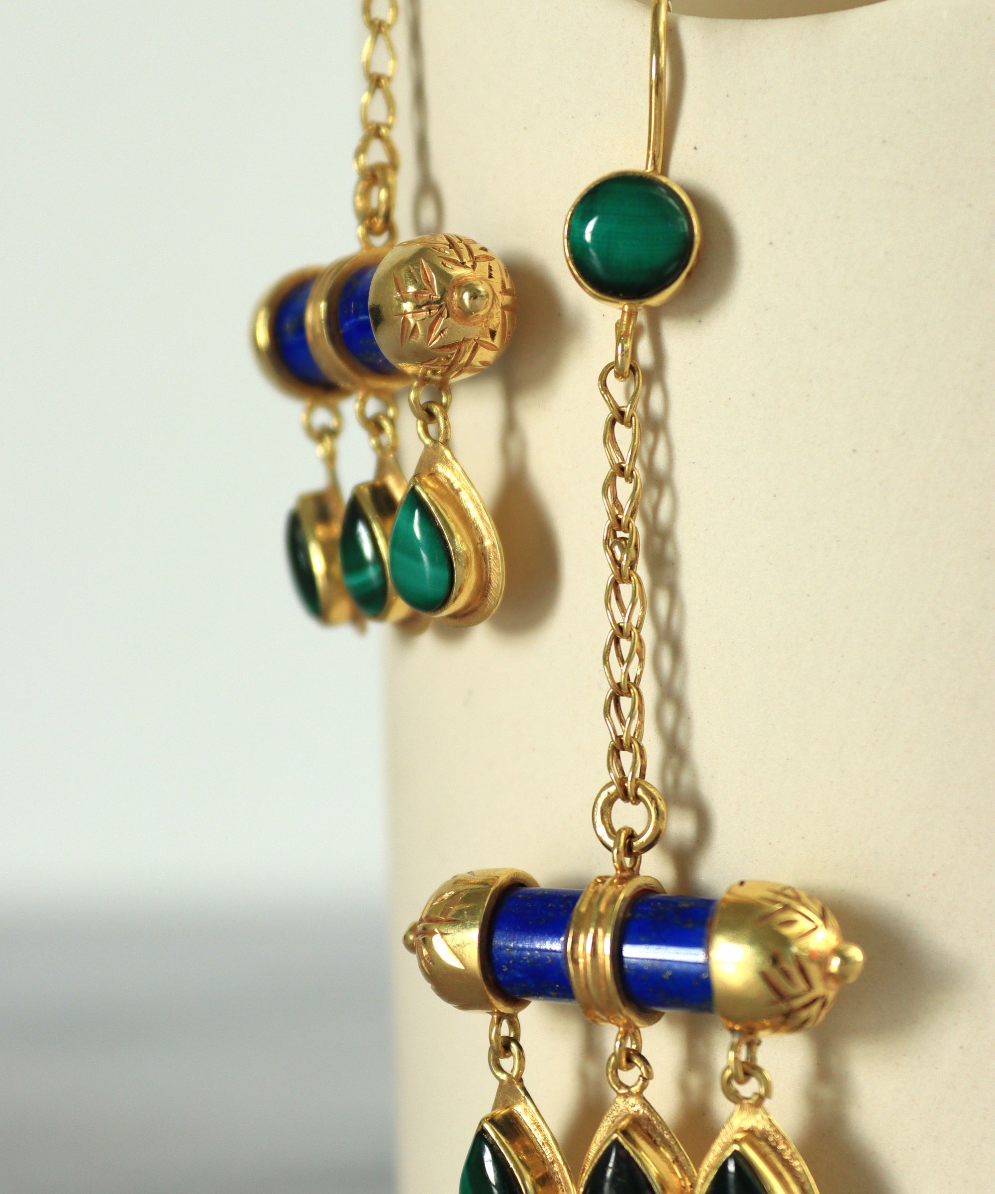 Noor Lapis and Malachite Drop Chain Earrings | Sustainable Jewellery by Ottoman Hands