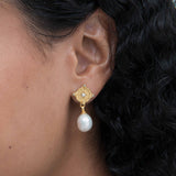 Pearl and White Topaz Shield Drop Earrings