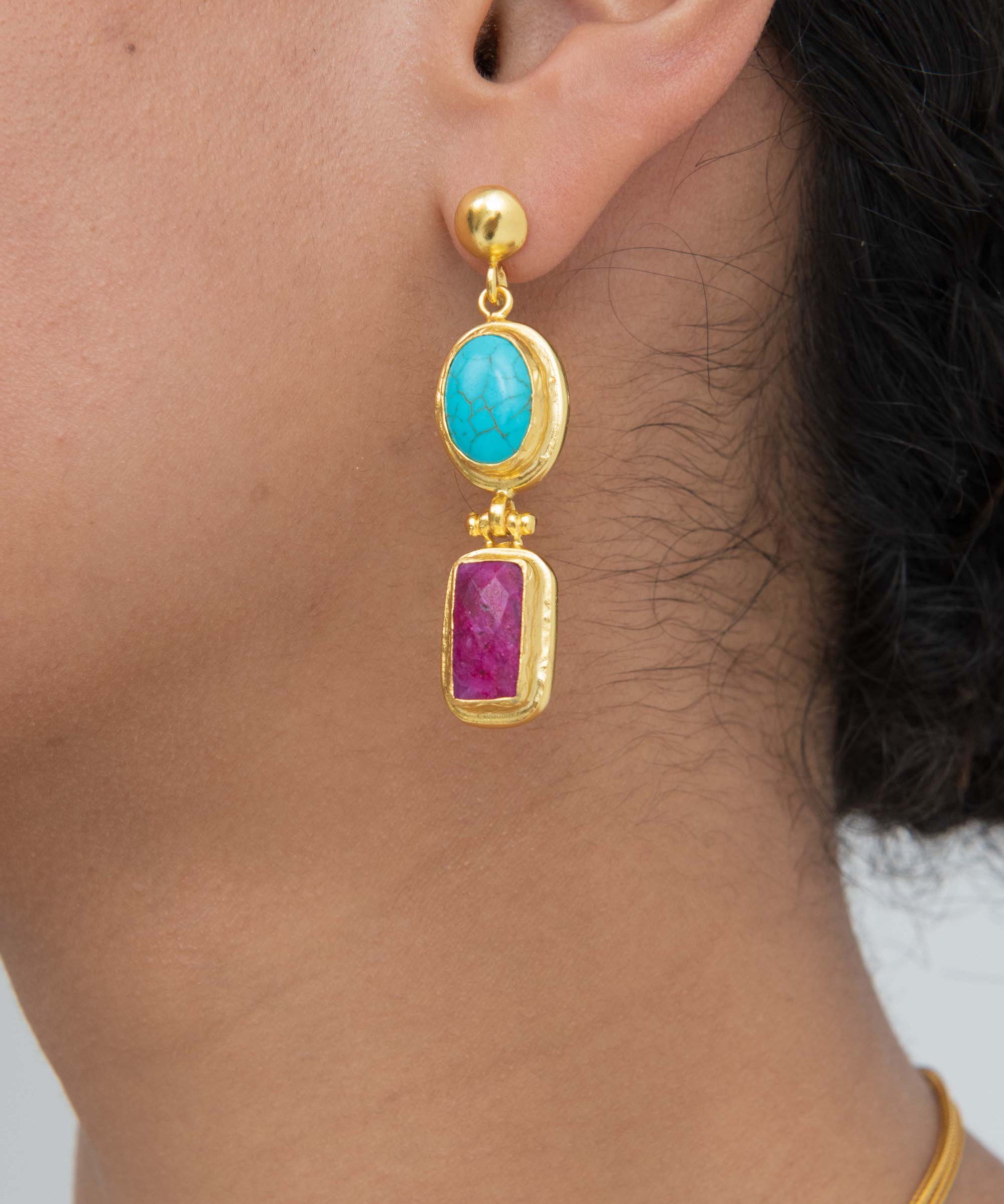 Turquoise and Ruby Drop Earrings | Sustainable Jewellery by Ottoman Hands