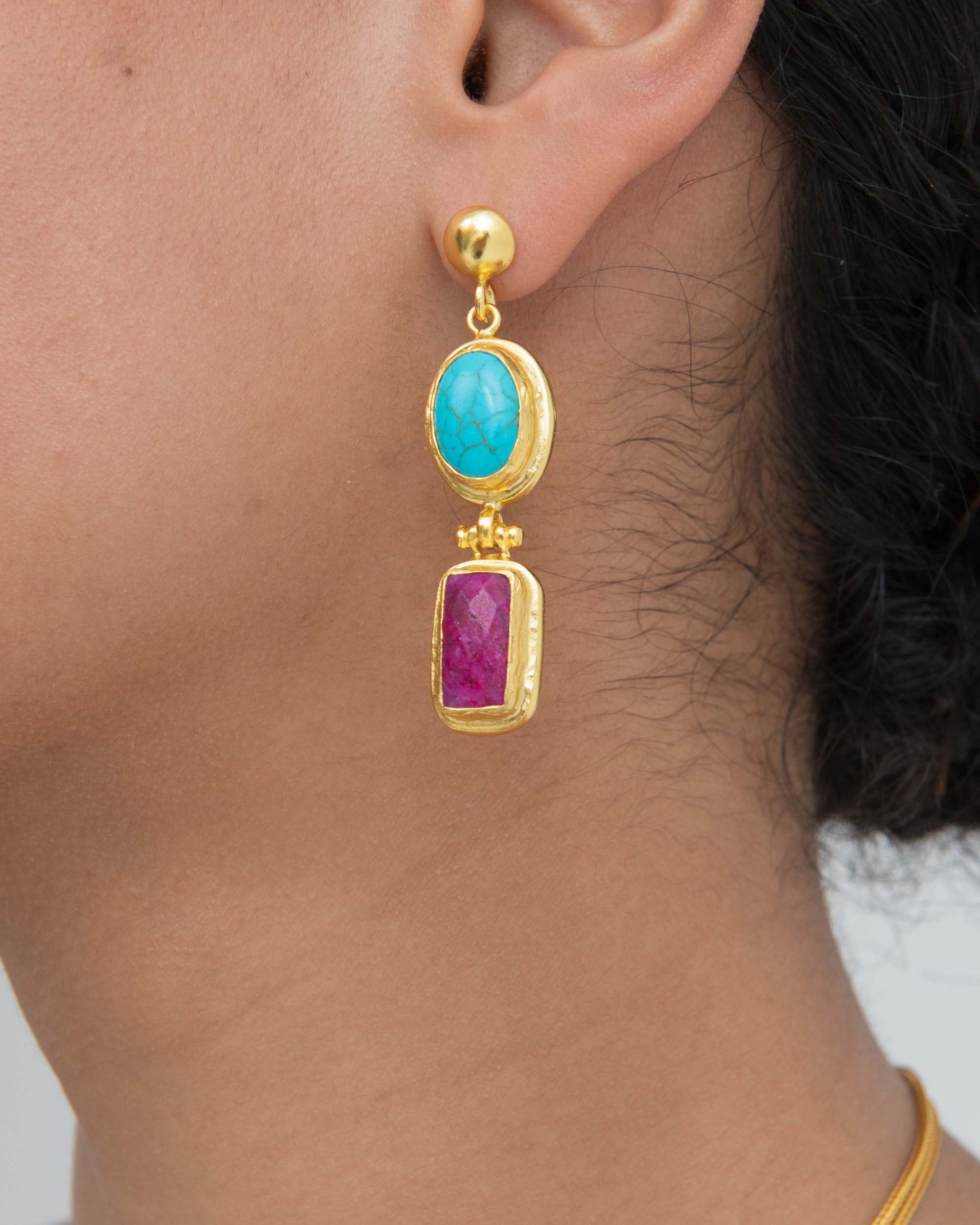 Turquoise and Ruby Drop Earrings | Sustainable Jewellery by Ottoman Hands