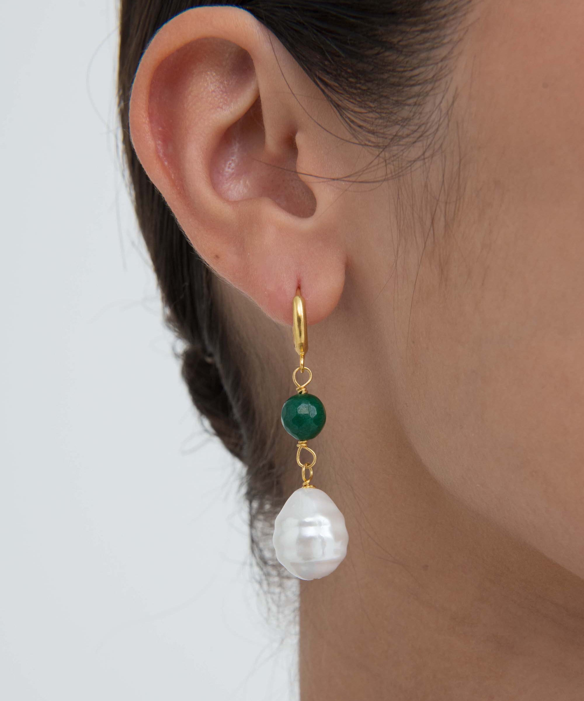 Dawn Emerald and Pearl Huggie Earrings | Sustainable Jewellery by Ottoman Hands