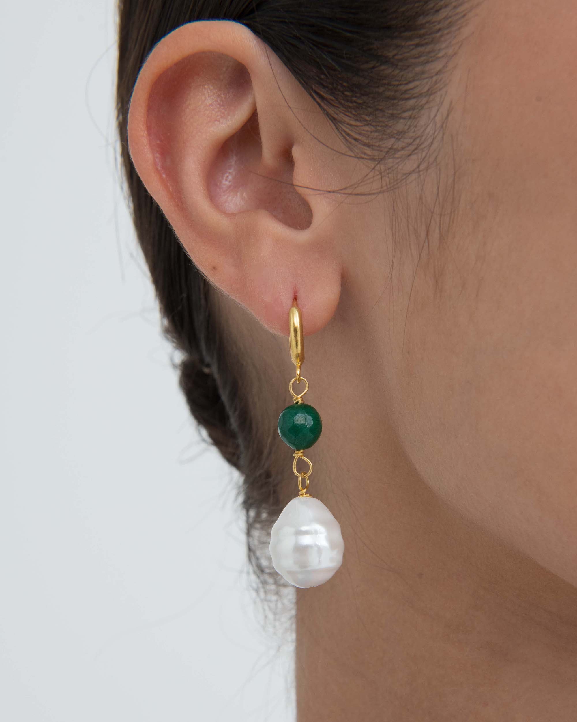 Dawn Emerald and Pearl Huggie Earrings | Sustainable Jewellery by Ottoman Hands