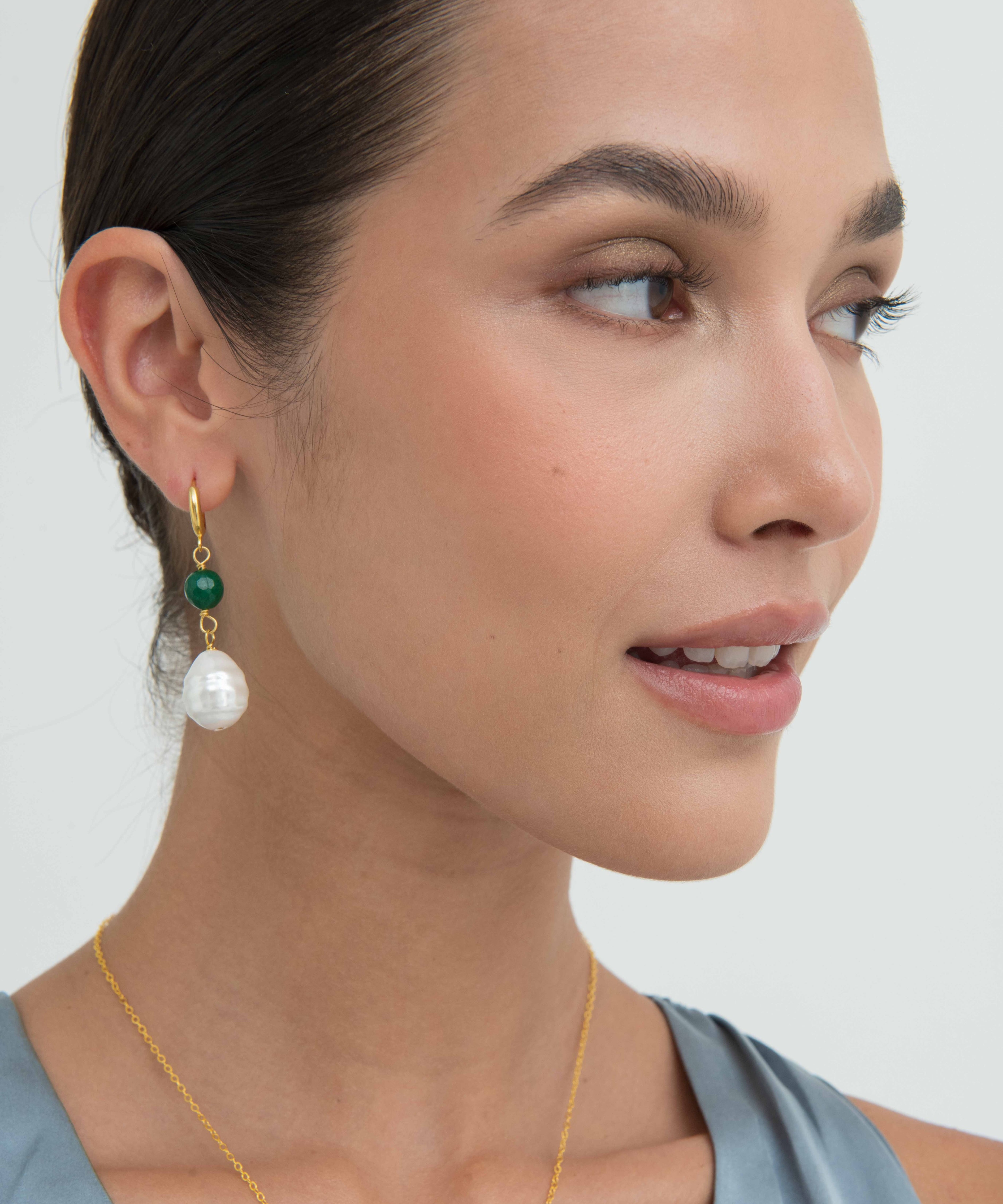 Dawn Emerald and Pearl Huggie Earrings | Sustainable Jewellery by Ottoman Hands