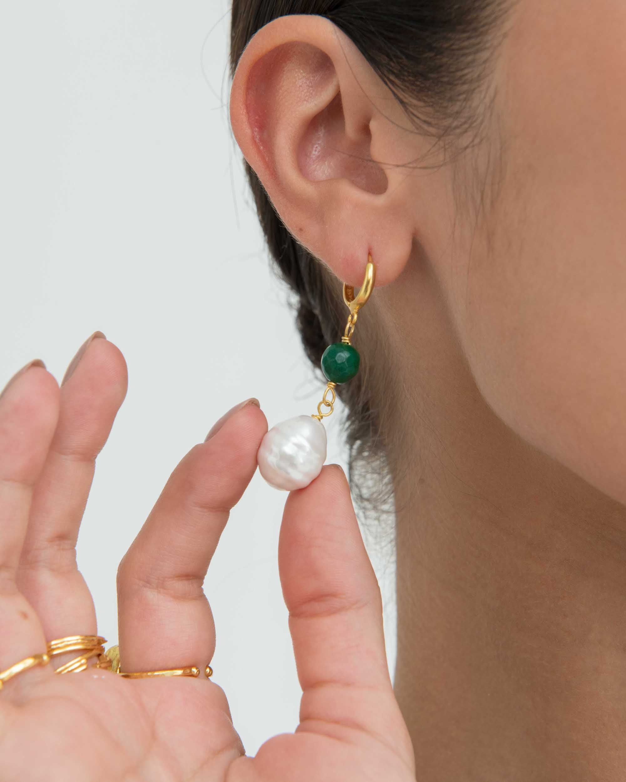Dawn Emerald and Pearl Huggie Earrings | Sustainable Jewellery by Ottoman Hands