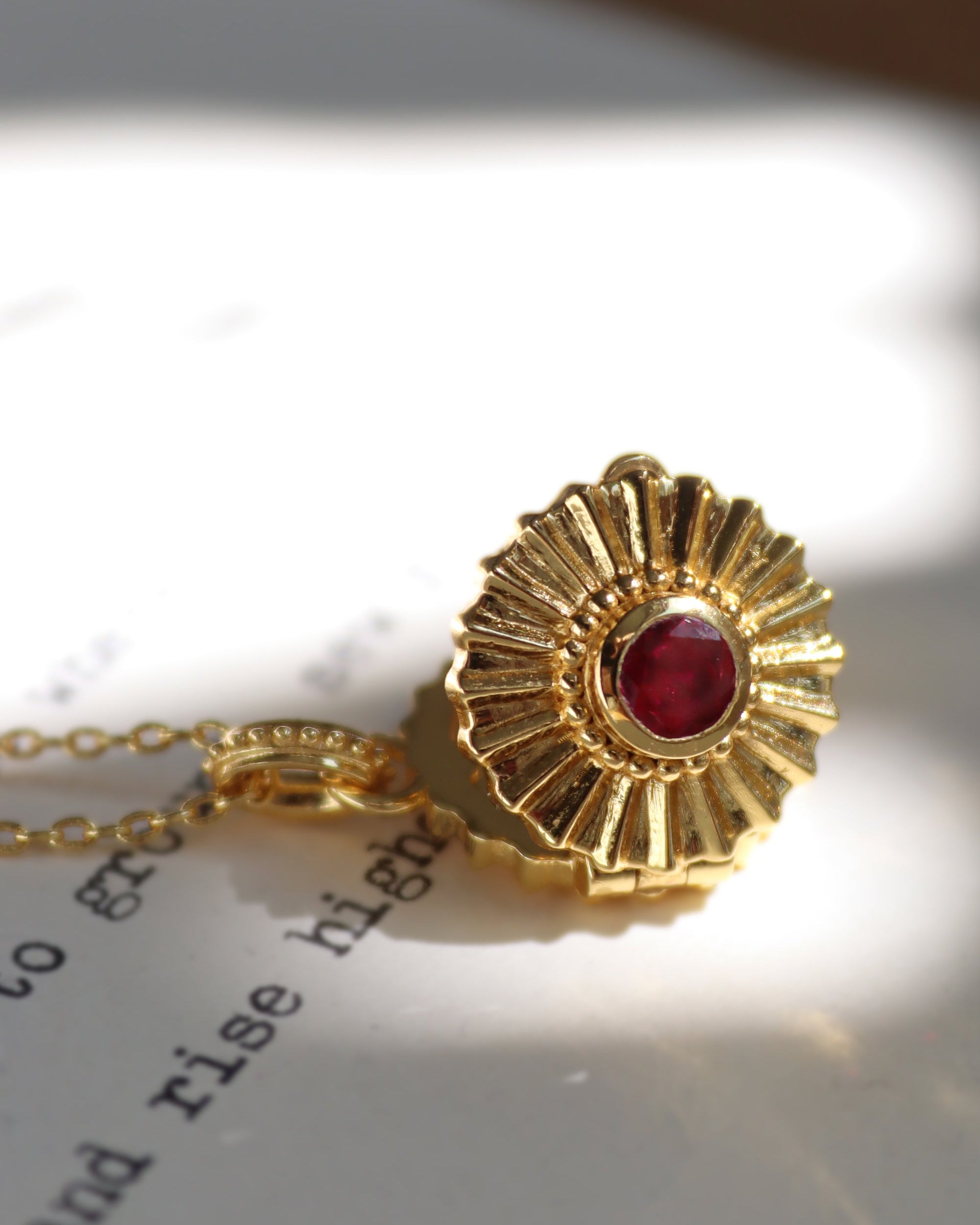 Ruby CZ Sunburst Locket Pendant Necklace | Sustainable Jewellery by Ottoman Hands