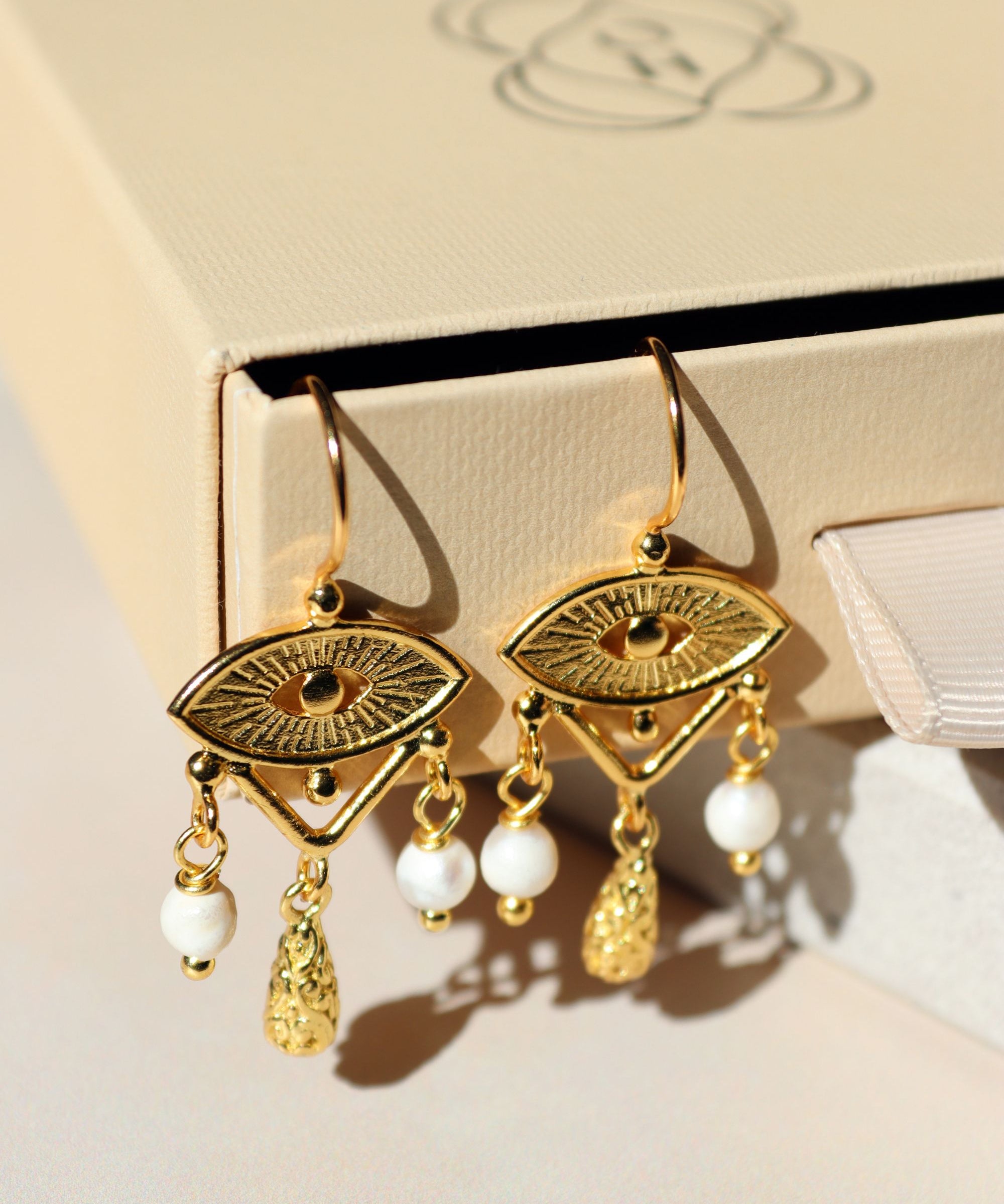 Zahra Pearl Evil Eye Drop Earrings | Sustainable Jewellery by Ottoman Hands