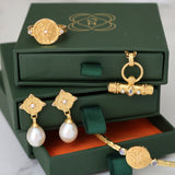 Pearl and White Topaz Shield Drop Earrings