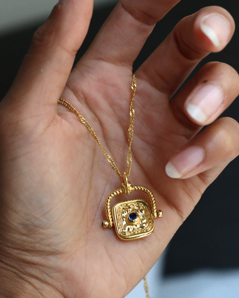Blue Sapphire CZ Wax Seal Rotating Necklace | Sustainable Jewellery by Ottoman Hands
