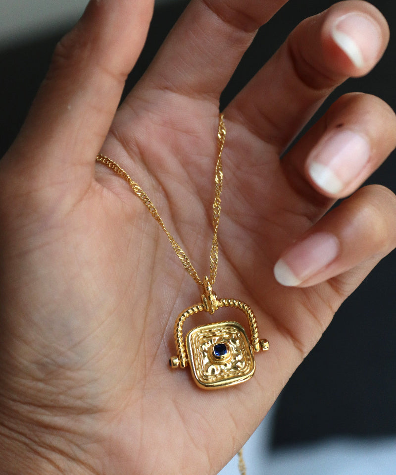 Blue Sapphire CZ Wax Seal Rotating Necklace | Sustainable Jewellery by Ottoman Hands