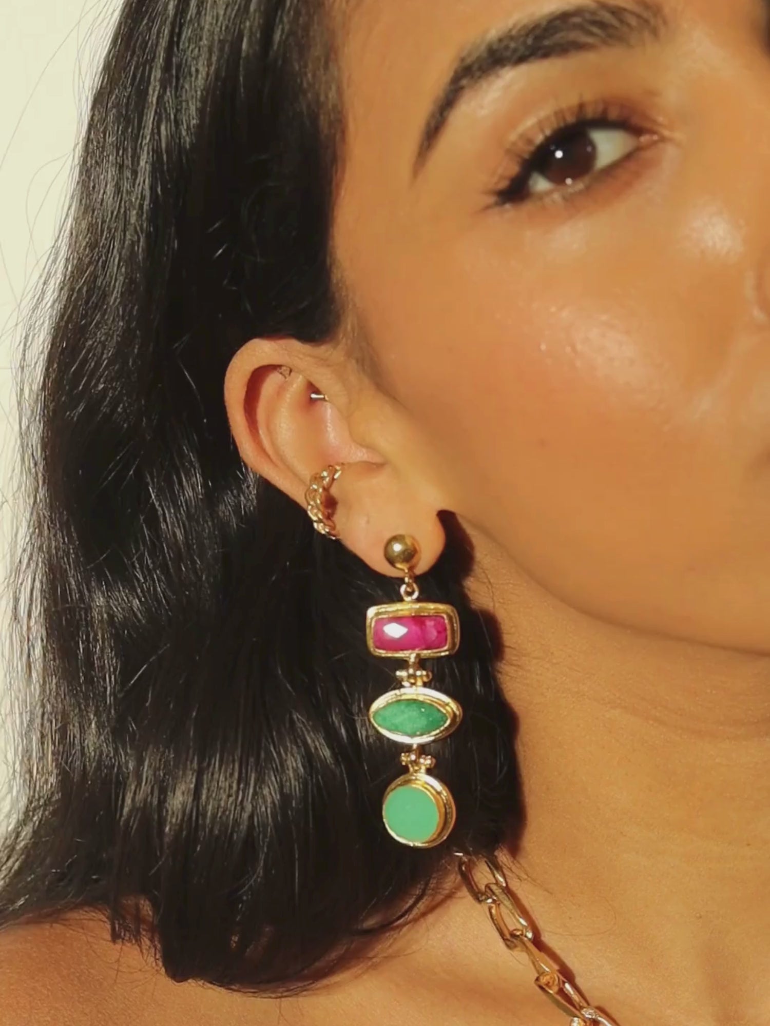Innana Ruby, Emerald and Acqua Chalcedony Drop Earrings | Ottoman Hands