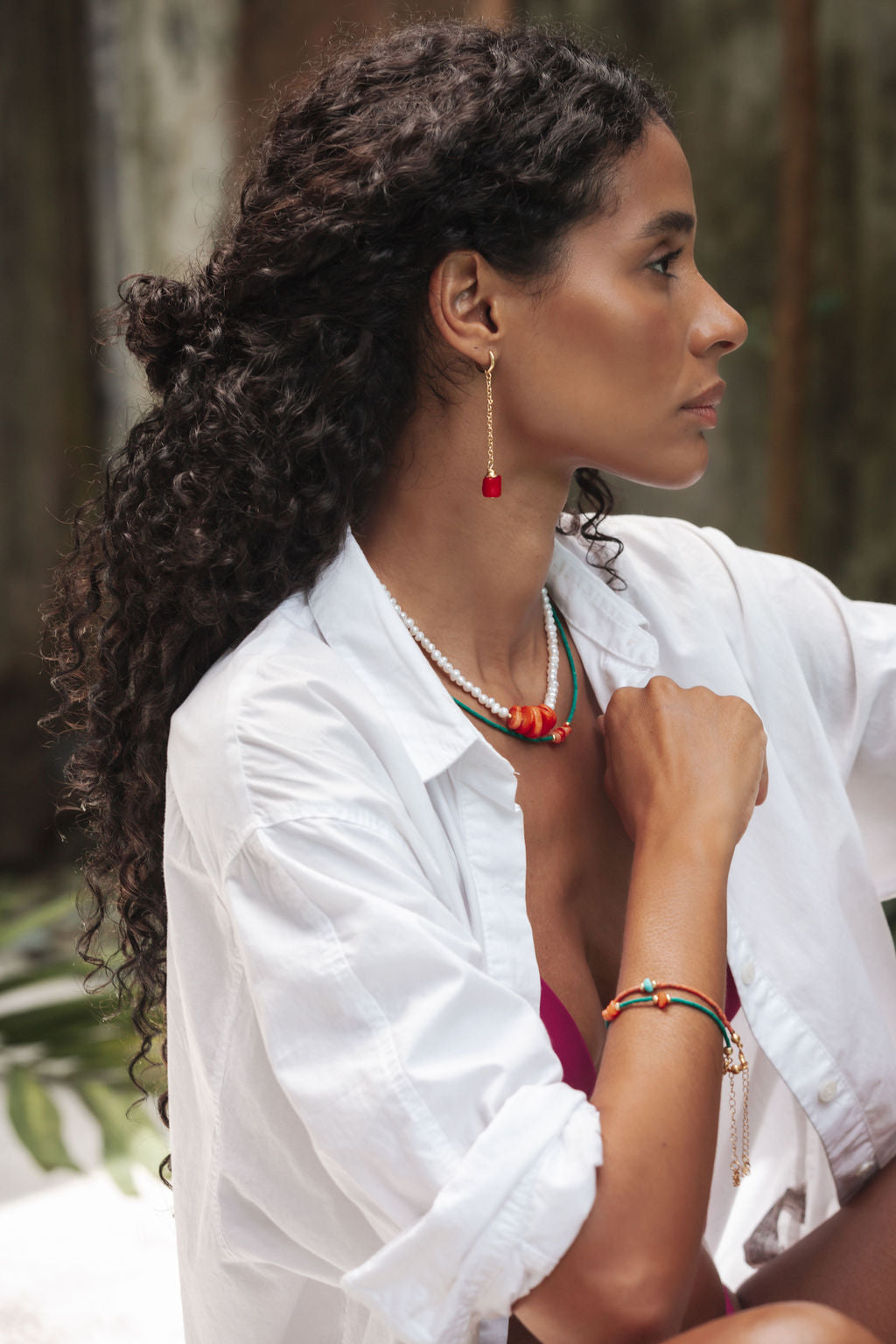 Alessia Red Stone Chain Huggie Earrings | Sustainable Jewellery by Ottoman Hands
