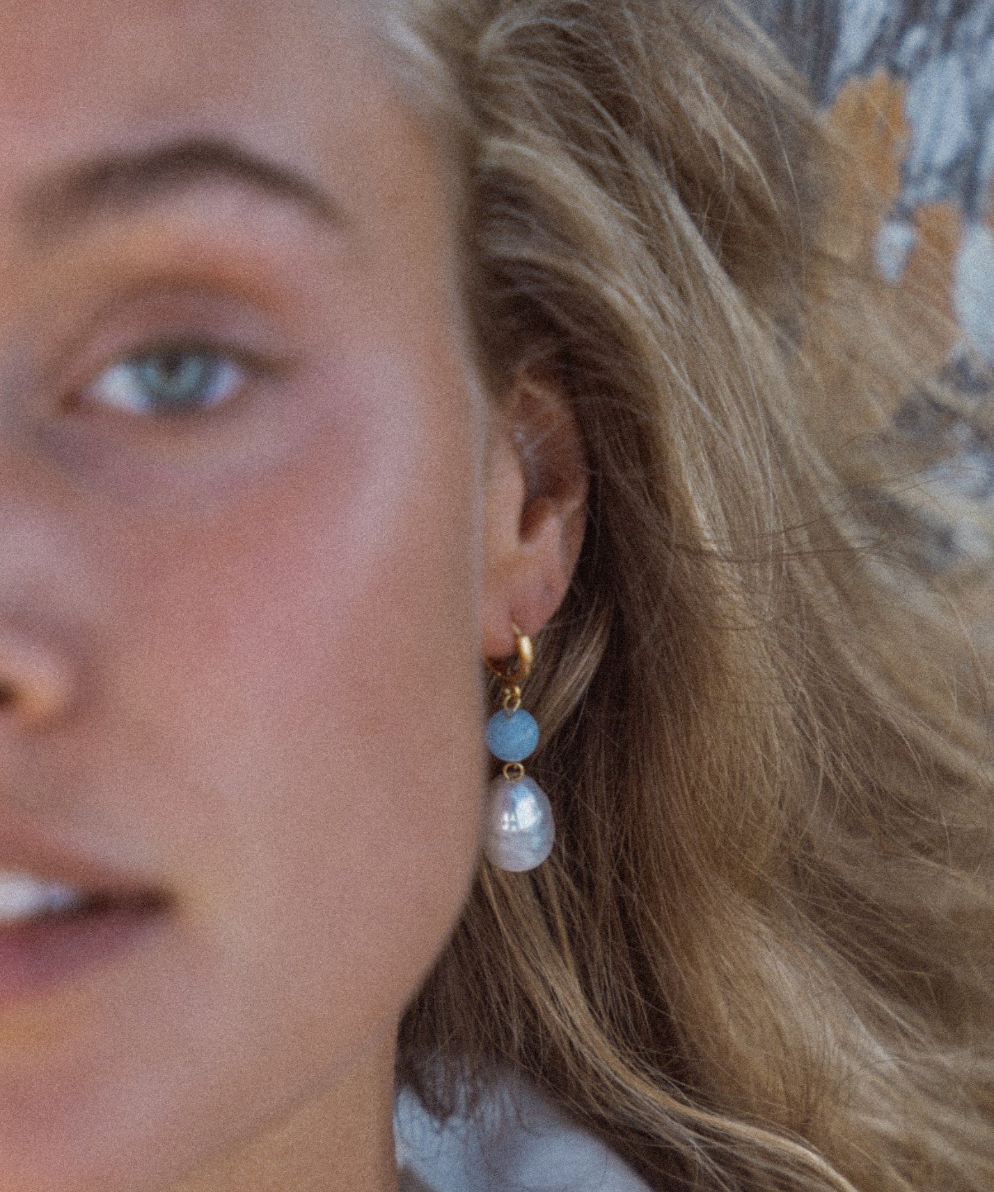 Dawn Blue Chalcedony and Pearl Drop Huggie Earrings | Sustainable Jewellery by Ottoman Hands