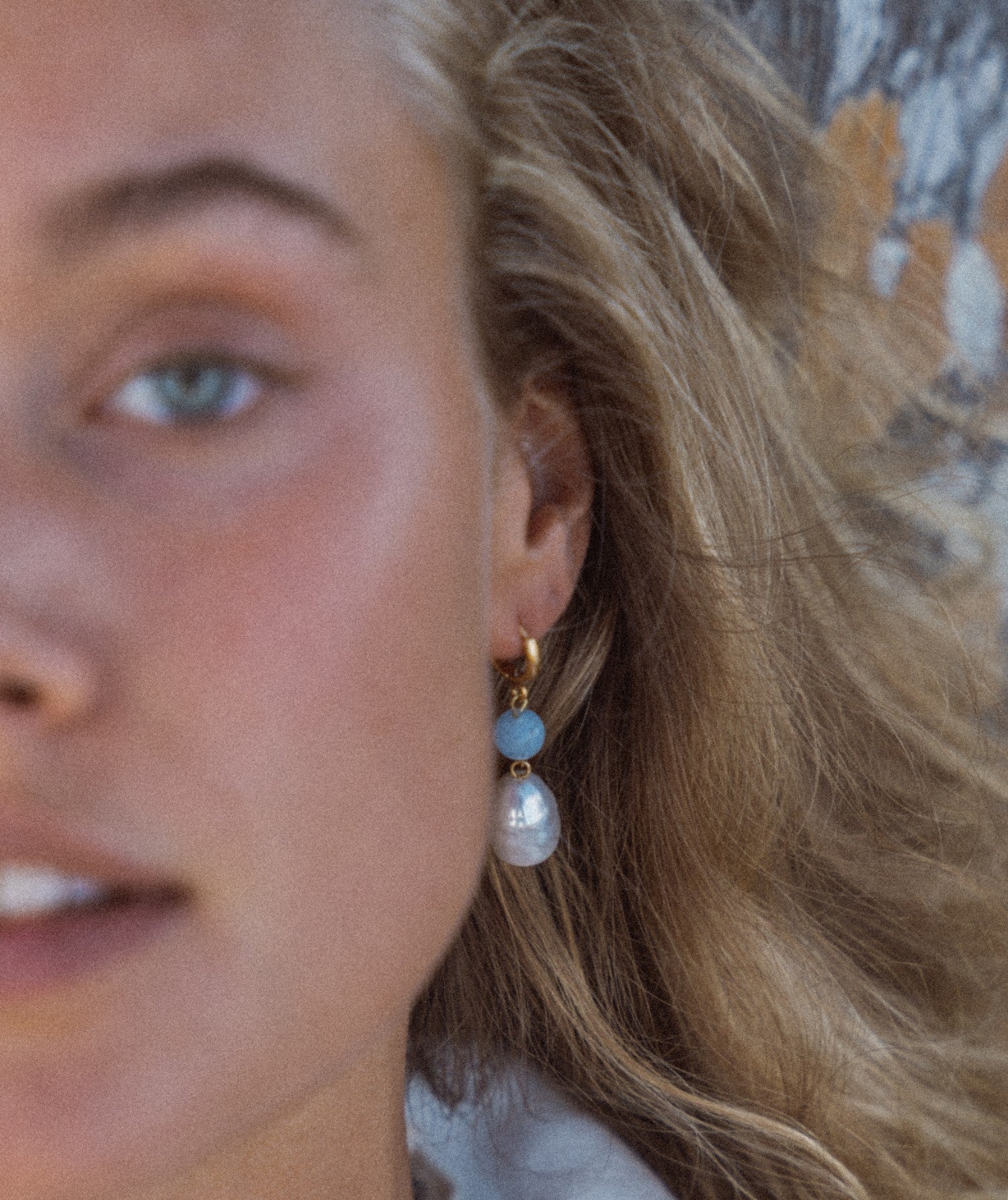 Dawn Blue Chalcedony and Pearl Drop Huggie Earrings | Sustainable Jewellery by Ottoman Hands