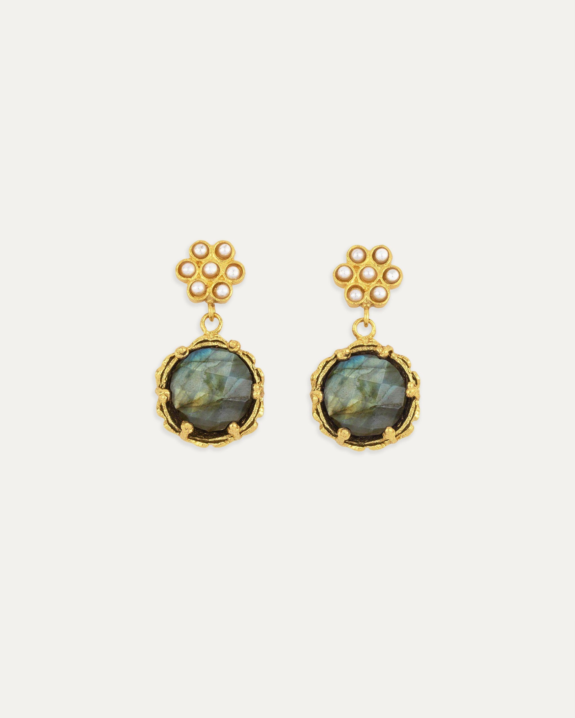 Estatira Pearl Flower and Labradorite Drop Earrings ottoman hands