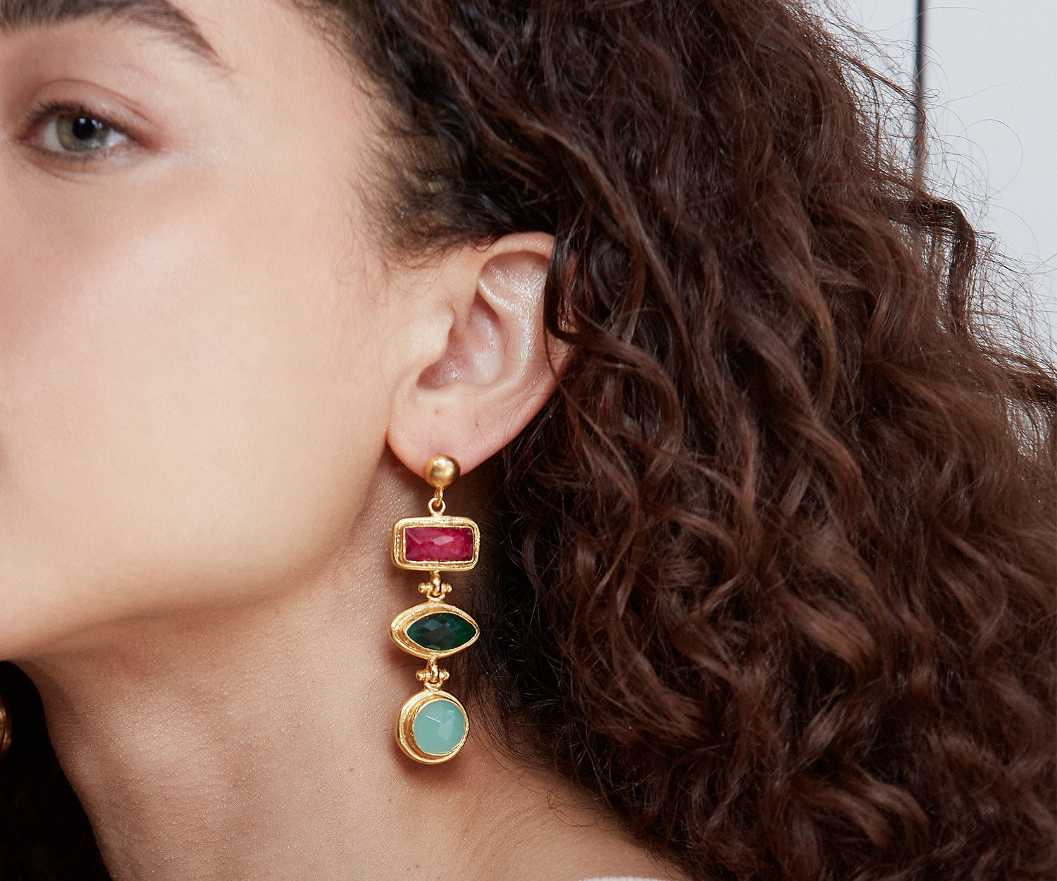 Innana Ruby, Emerald and Aqua Chalcedony Drop Earrings | Sustainable Jewellery by Ottoman Hands