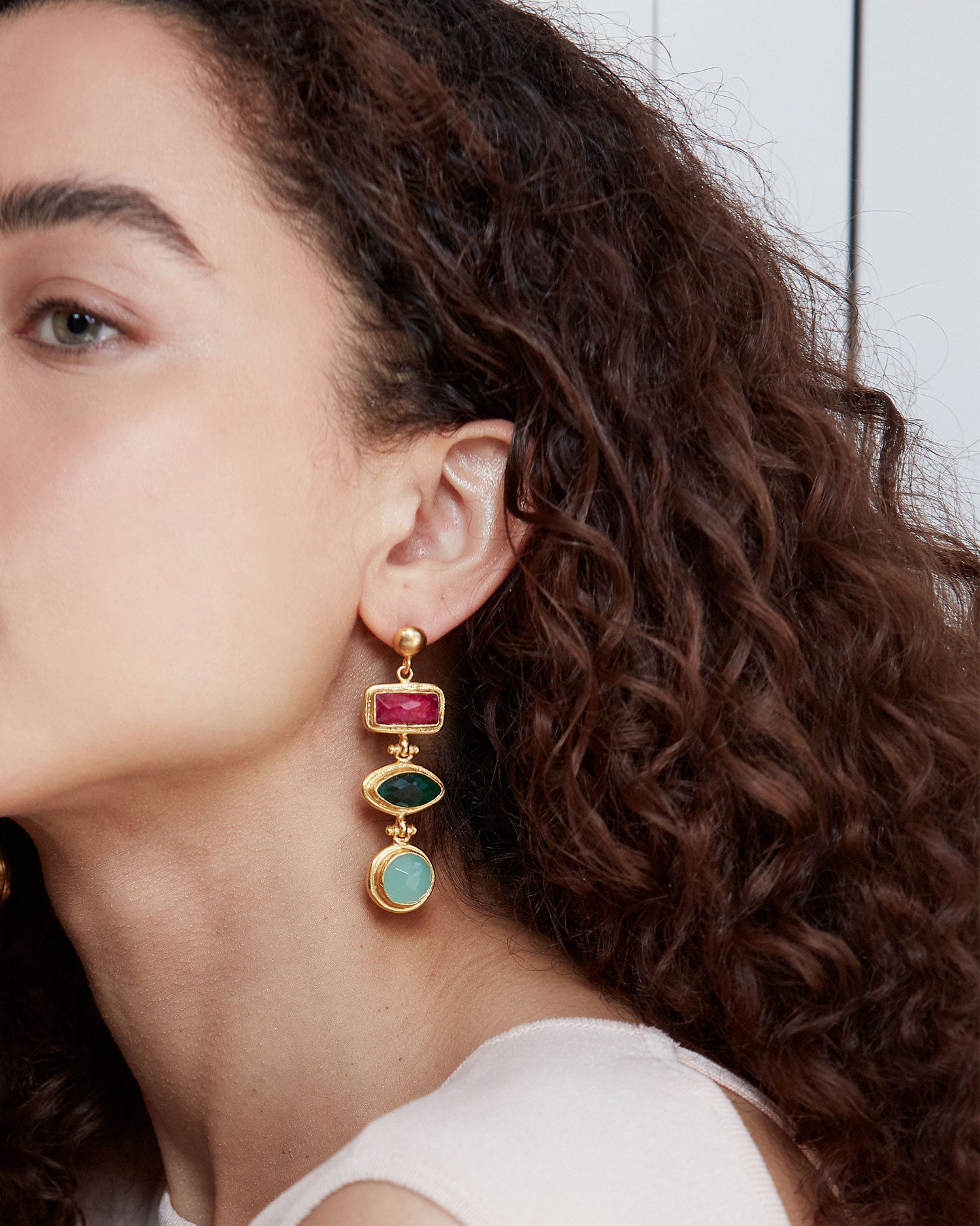 Innana Ruby, Emerald and Aqua Chalcedony Drop Earrings | Sustainable Jewellery by Ottoman Hands
