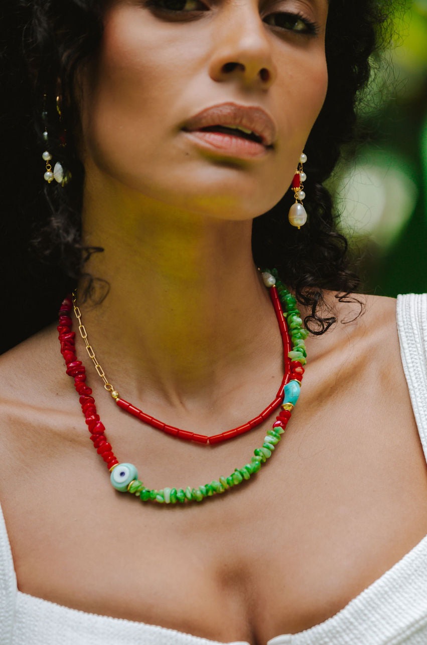 Sera Pearl and Red Beaded Chain Necklace | Sustainable Jewellery by Ottoman Hands