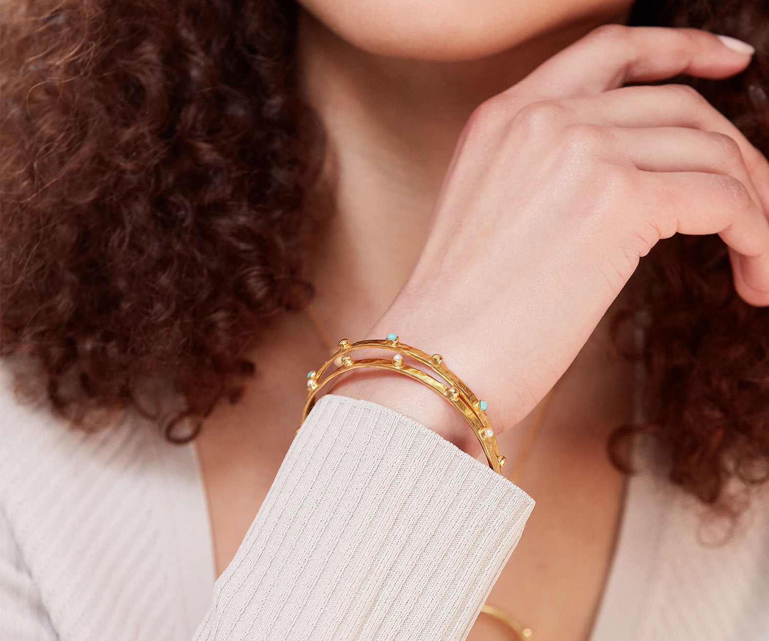 Tanrica Gold Bangle Bracelet with Pearl Beads | Sustainable Jewellery by Ottoman Hands