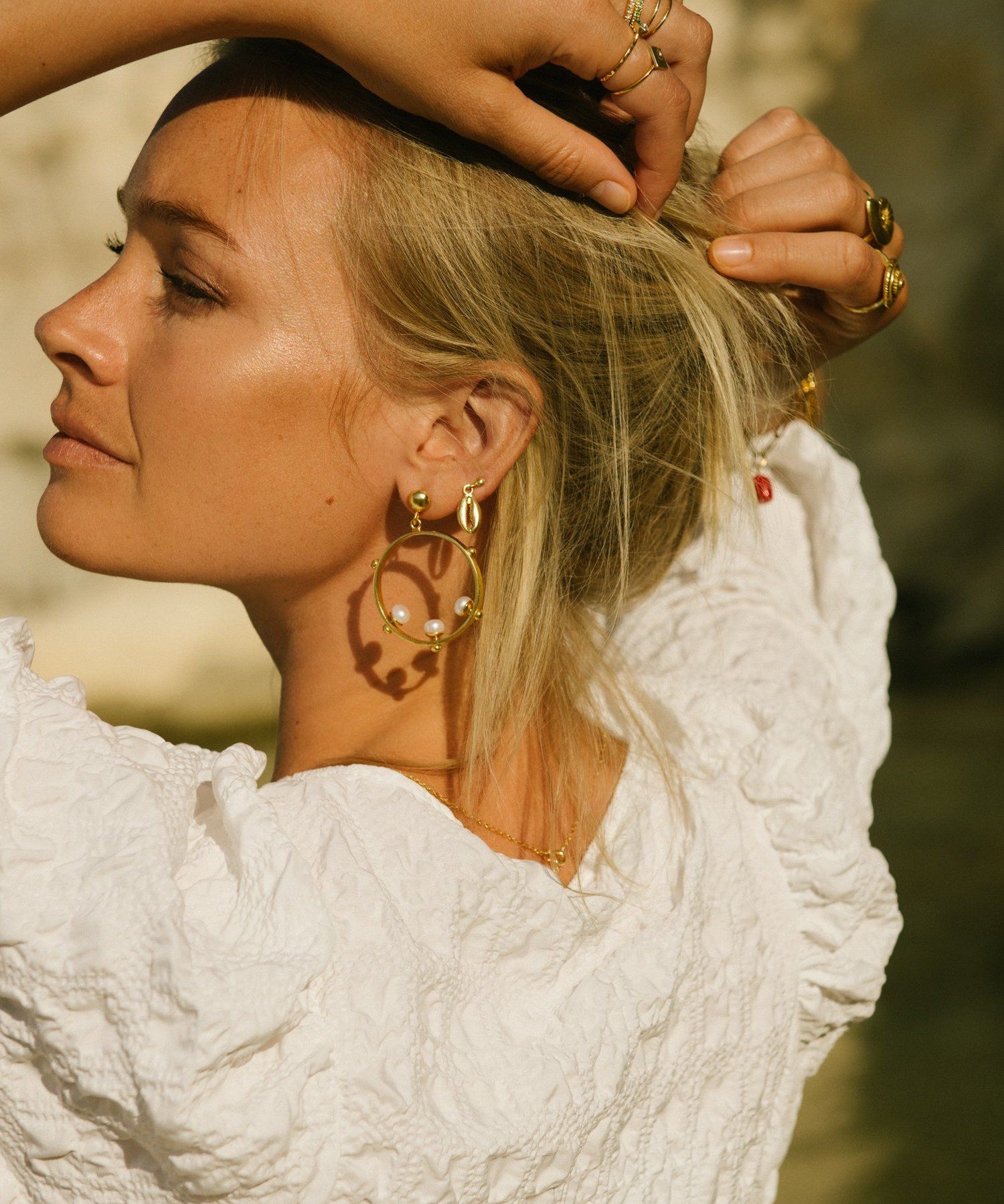 Aristea Pearl and Gold Bead Hoop Earrings | Sustainable Jewellery by Ottoman Hands