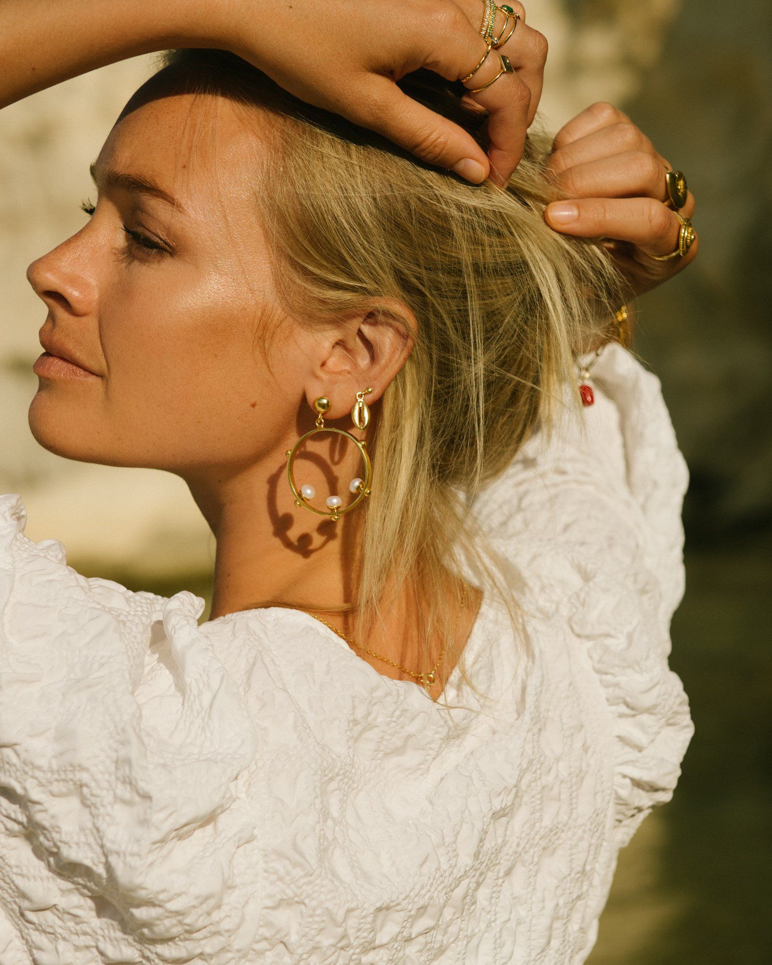 Aristea Pearl and Gold Bead Hoop Earrings | Sustainable Jewellery by Ottoman Hands