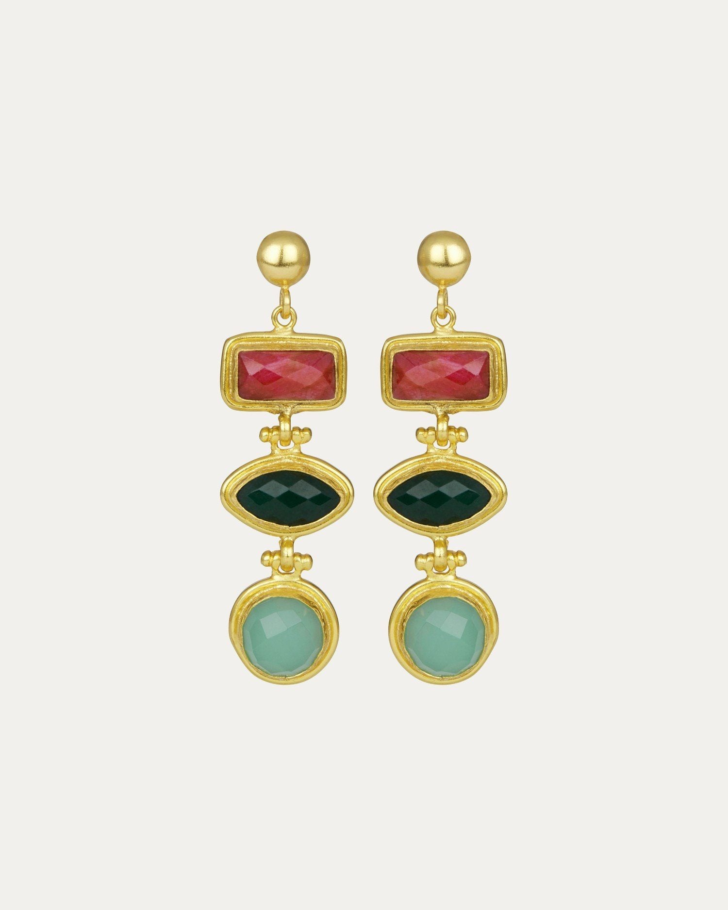 Innana Ruby, Emerald and Aqua Chalcedony Drop Earrings | Sustainable Jewellery by Ottoman Hands