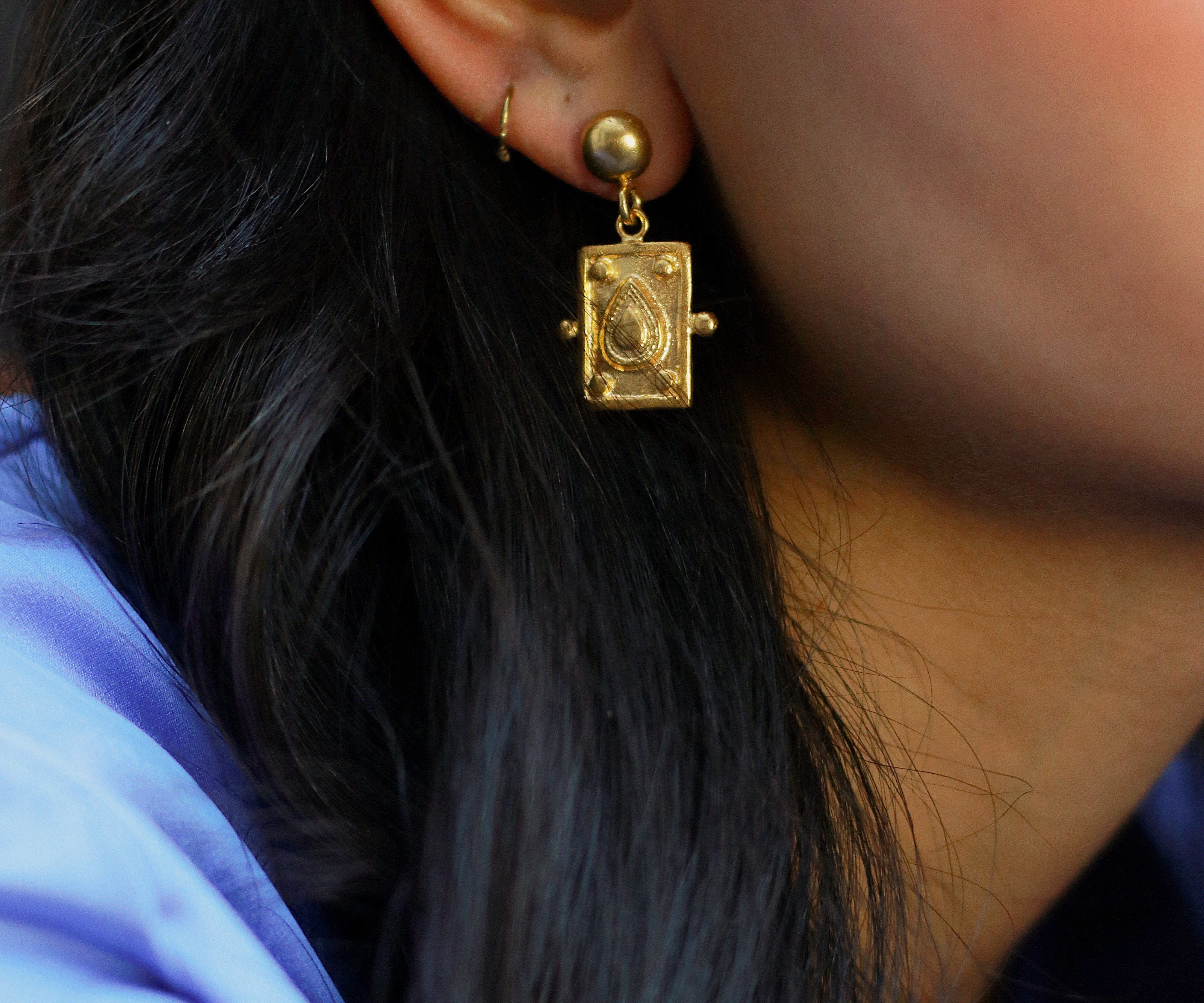Tyche Engraved Gold Drop Stud Earrings | Sustainable Jewellery by Ottoman Hands